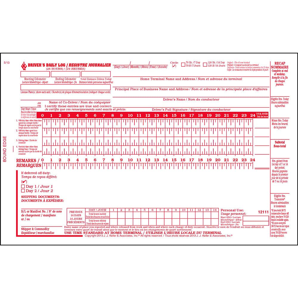Canadian Bilingual Driver's Daily Log Book 10-pk. with Detailed Driver Vehicle Inspection Report & Daily Recap - Book Format, 2-Ply with Carbon, 8.5" x 5.5" - 31 Sets of Forms Per Book - J. J. Keller