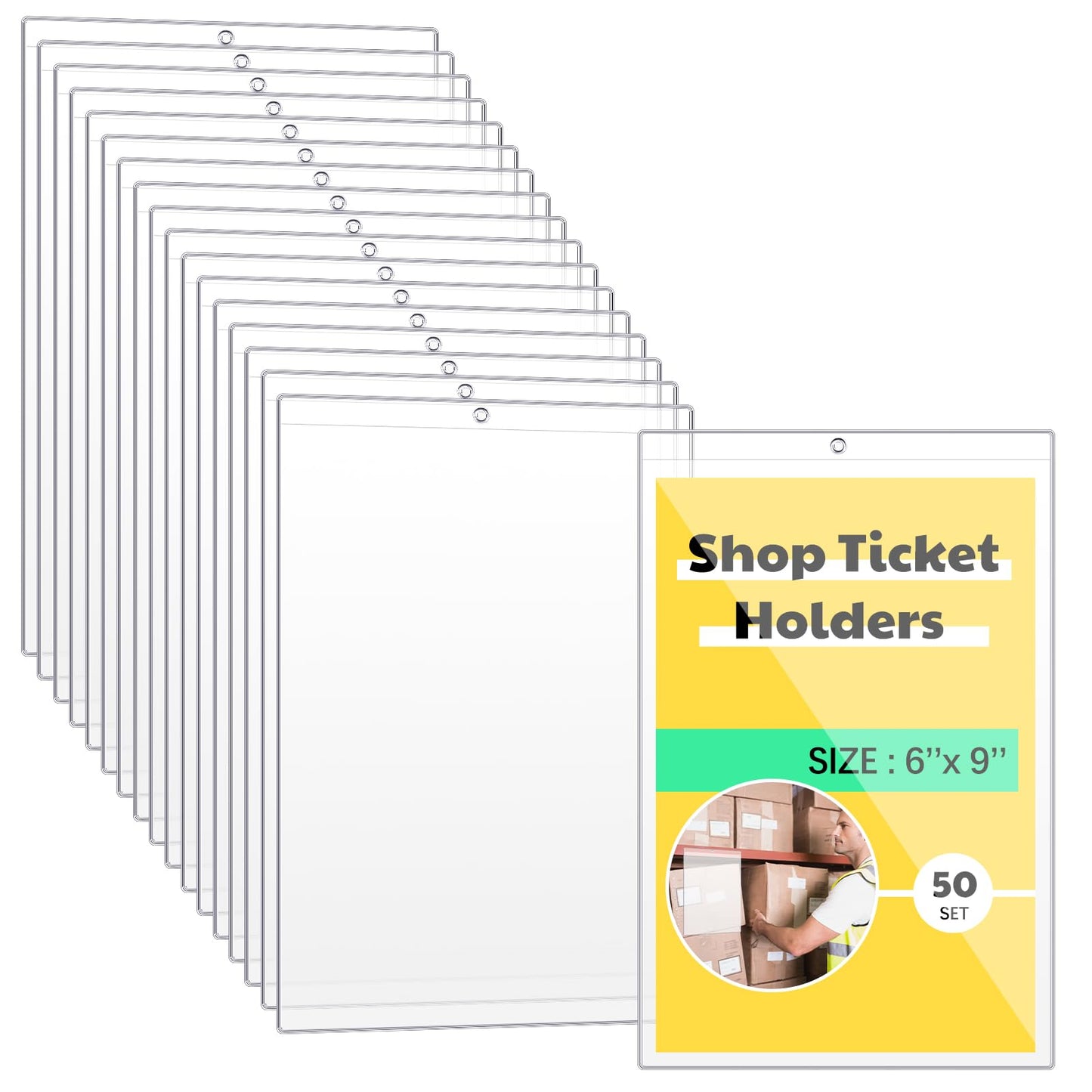 Jetec 50 Pcs Vinyl Shop Ticket Holders Both Sides Clear 6 x 9 Inches Dry Erase Pocket Sleeves Work Order Plastic Sleeves Job Ticket Holders for Home Office Posting Signs Box