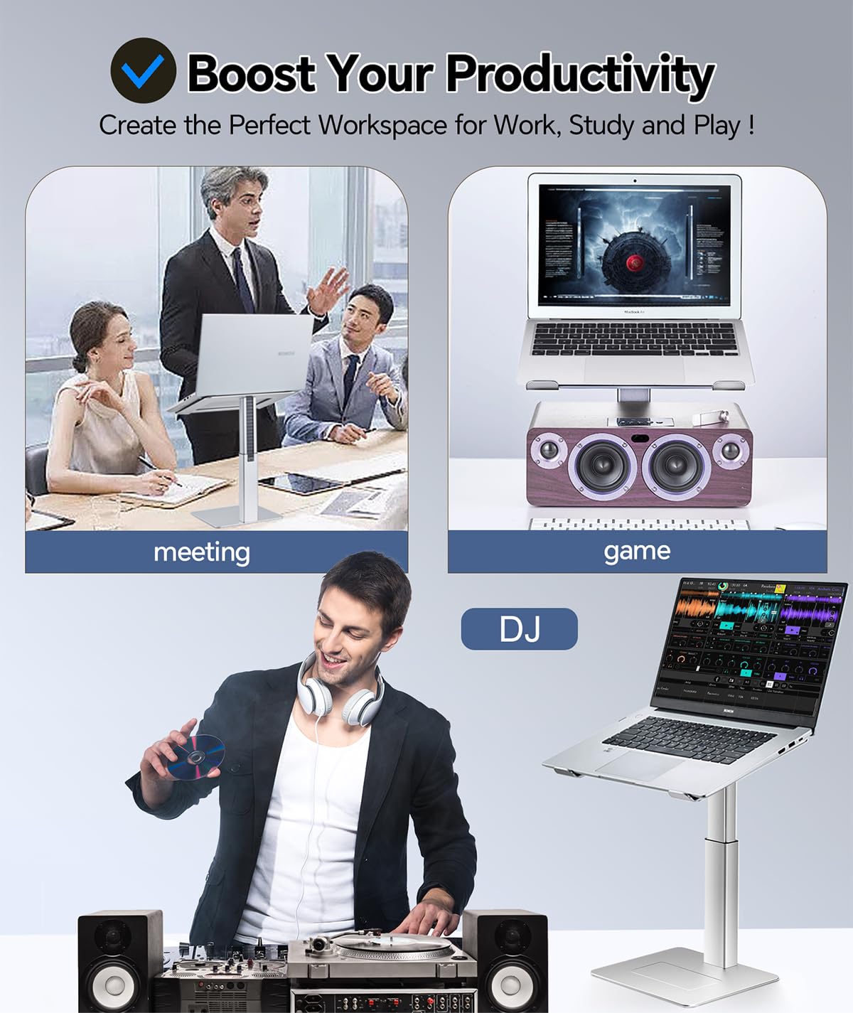 Supamir Adjustable Laptop Stand for Desk, DJ Laotop Riser, Ergonomic Small Sit to Stand Desk Converter, Support Working on Computer Standing, Compatible with MacBook and All 13"-16.5" Laptops, Silver