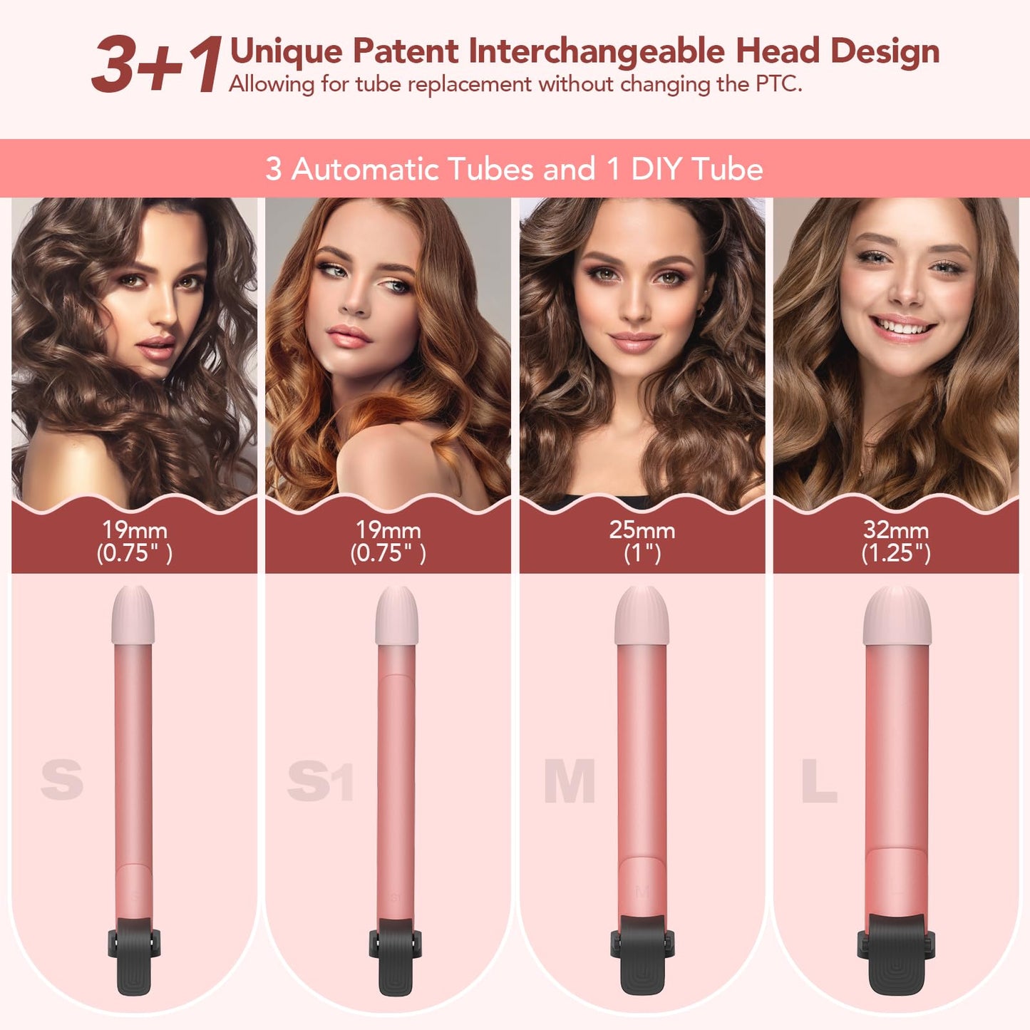 Bestauty Automatic Curling Iron, 0.75(2 PCS)/1/1.25" Interchangeable Ceramic Coating Heating Iron Barrels, Quick Heating Hair Curler 360° Rotating for Waver Curl, 4 Adjustable Temperature 320°F-430°F