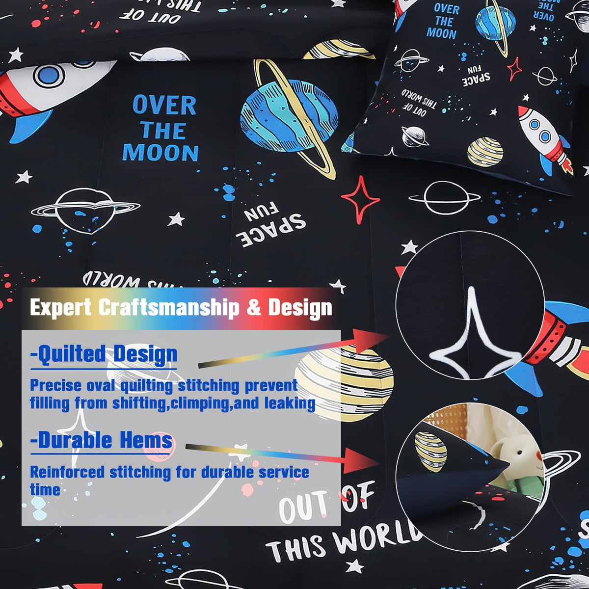 JQinHome Full Space Comforter Set for Kids,6 Piece Bed in A Bag 3D Galaxy Space Rocket Planets Bedding Set for Teens Boys Girls (1 Comforter,2 Pillowcases,1 Flat Sheet,1 Fitted Sheet,1 Cushion Cover)