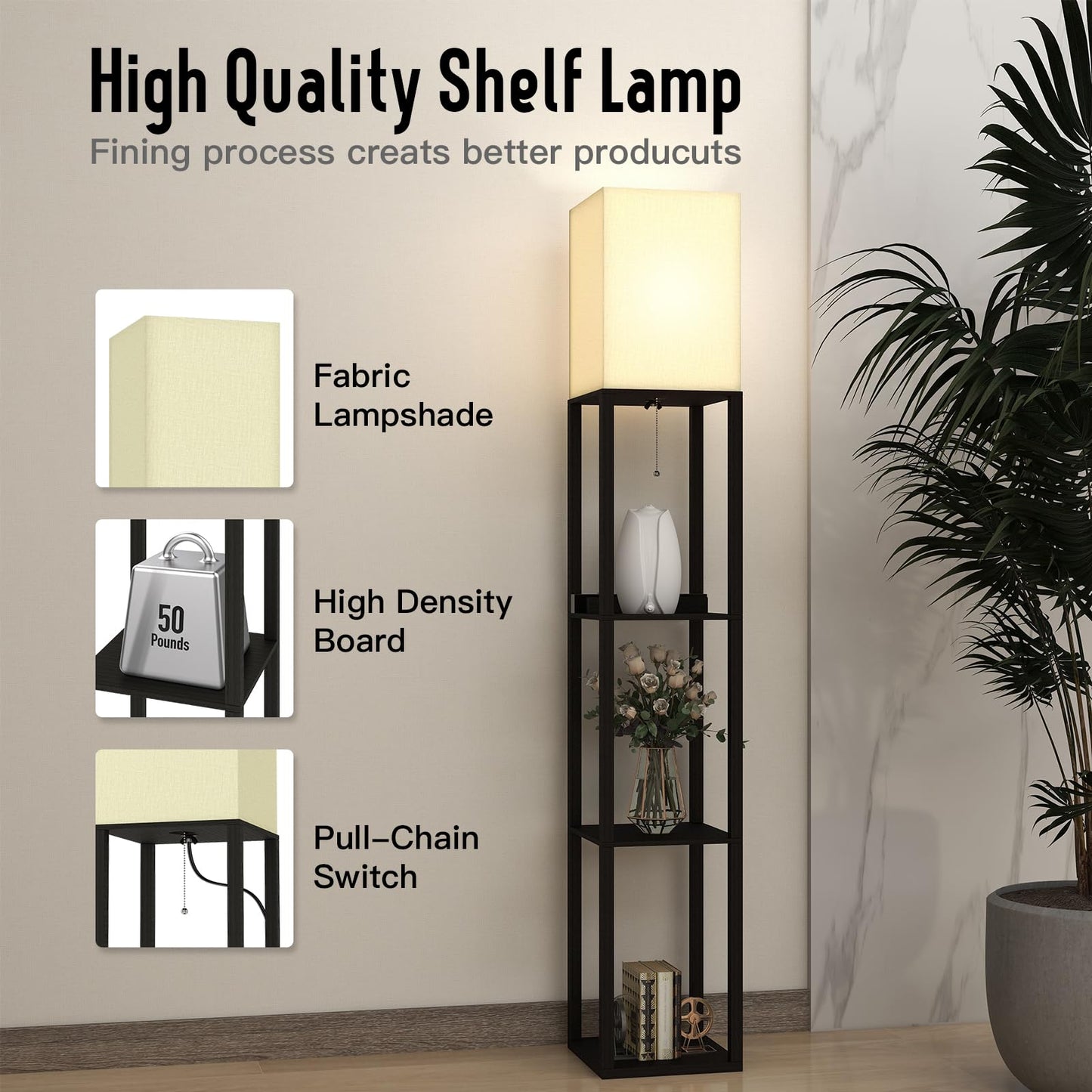 TABEVIO Floor Lamp with Shelves,Smart APP Control Standing Lamp with RGB Bulb with 2 USB Ports, 2 Power Outlet, Corner Lamp with Linen Shade for Living Room, Bedroom, Office