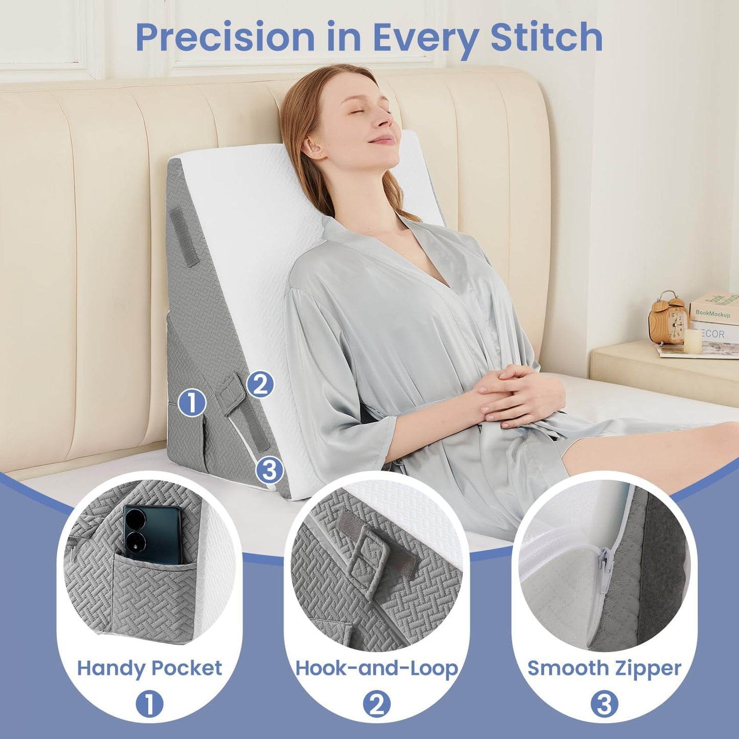 Sasttie Wedge Pillows for Adult, 3PCS Adjustable Bed Wedge Pillow for Post Surgery, Triangle Pillow Headboard with Bolster Cushion for Sleeping, Acid Reflux, Neck & Back Support, White and Dark Grey