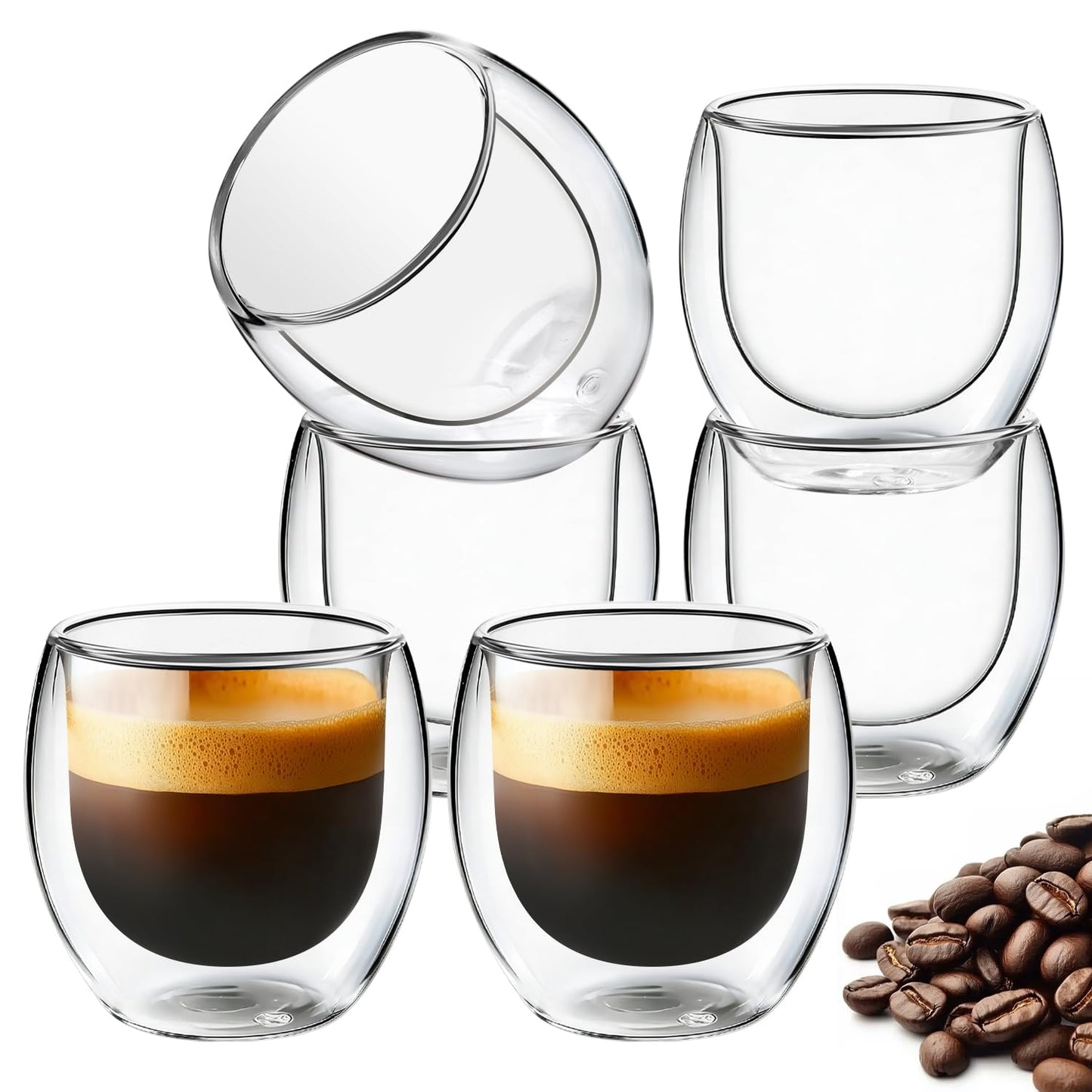 Yopinmall Espresso Cups Set of 6-100ML/3.4OZ Double Walled Glass Coffee Mugs Clear Coffee Cups Glass for Espresso Shot Cappuccino Latte Iced Coffee Tea Desserts Dishwasher Safe