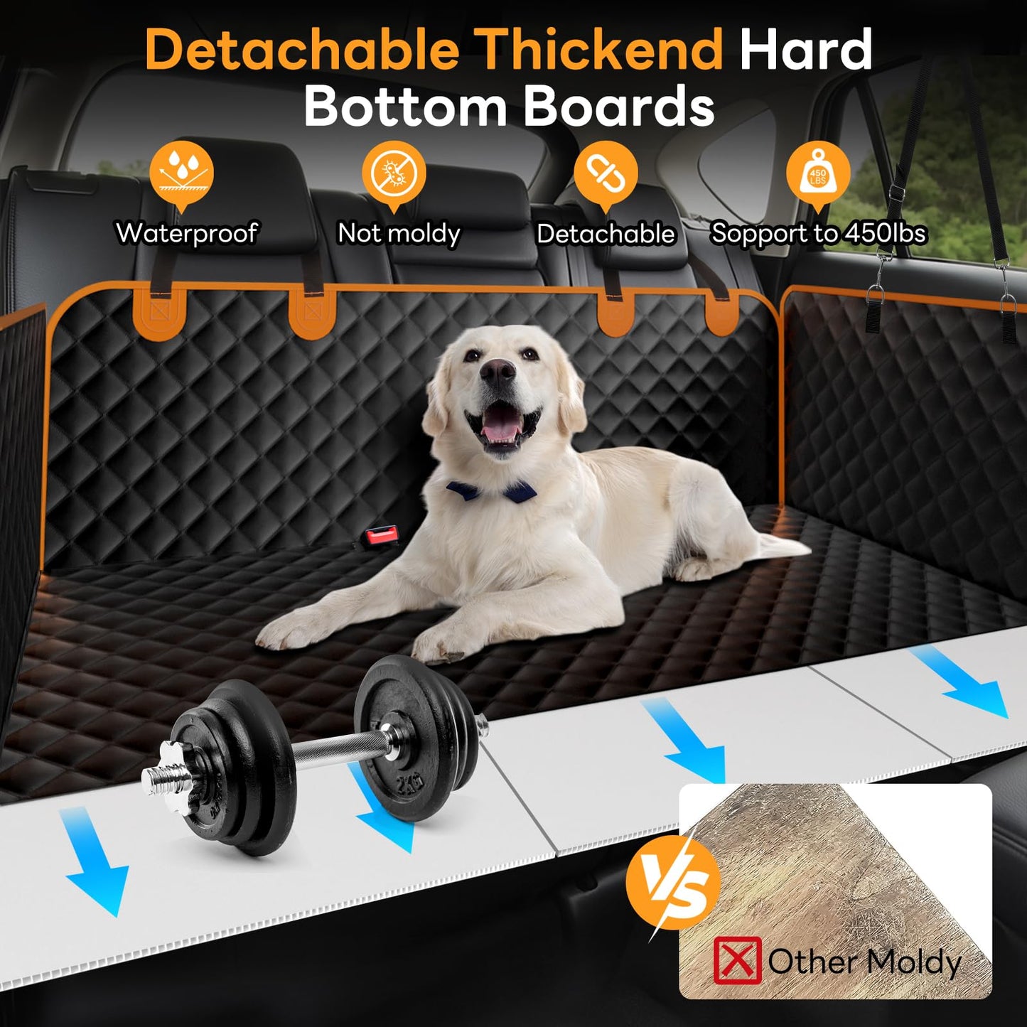 Chioratree Back Seat Extender for Dogs - Hard Bottom,Waterproof Dog Car Seat Cover for Back Seat Holds 450 lbs - Detachable, Scratch-Proof and Anti-Slip Dog Hammock for Cars, SUVs and Trucks,Black