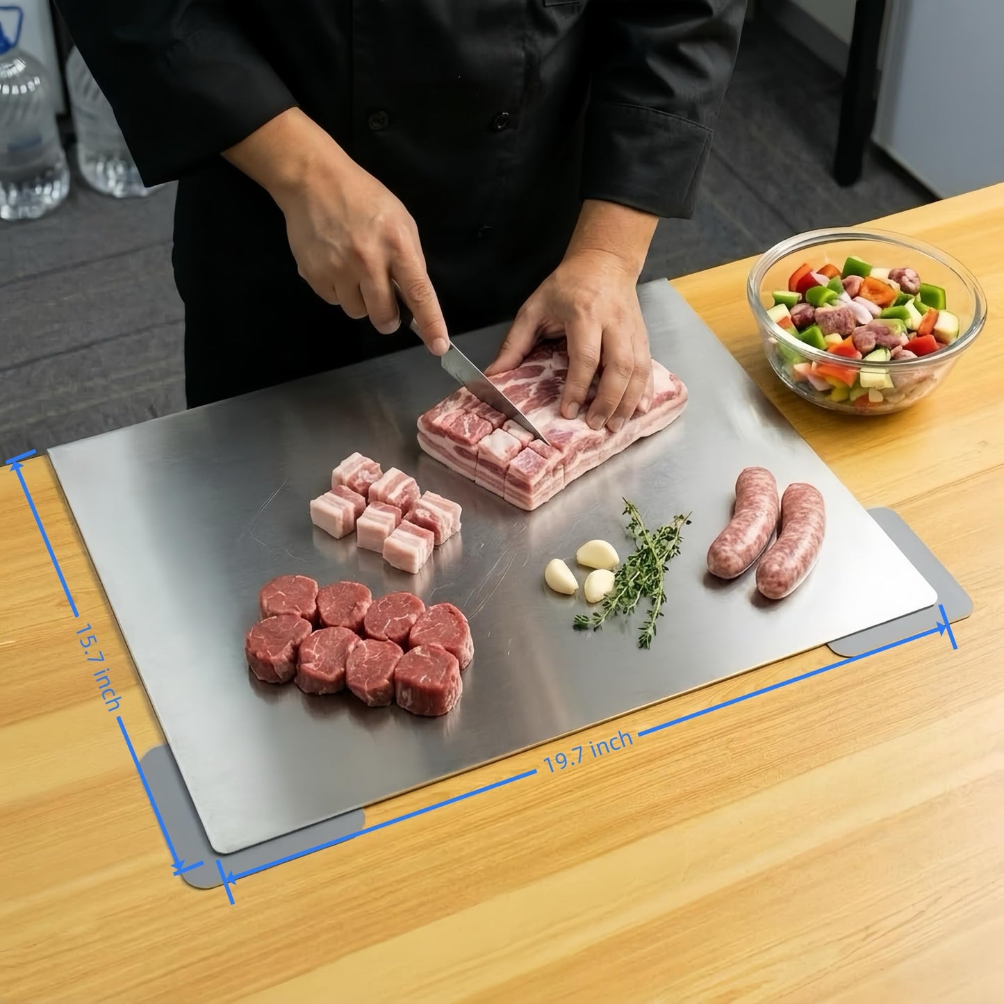 FayLongSky 304 Stainless Steel Cutting Board with Lip, Rounded Edges No Sharp Corners, with 2 Pcs Non-Slip Mats, for Kitchen, Meat, Vegetables, Fruits, Kneading, Bread & Baking (15.7" L x 11.8" W)