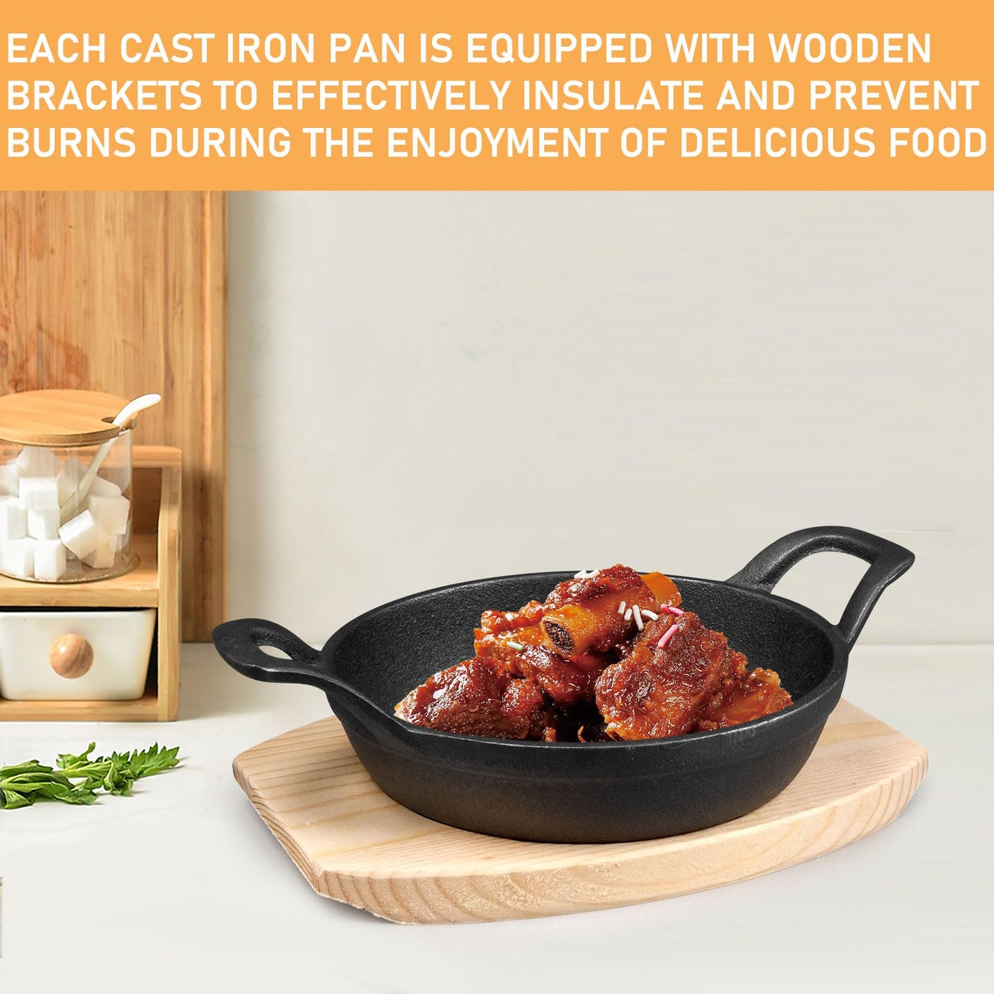 6 Sets Mini Cast Iron Skillet with Wooden Base Small Round Fajita Plate Iron Pan Pot for Cooking Party (6.3 Inches)