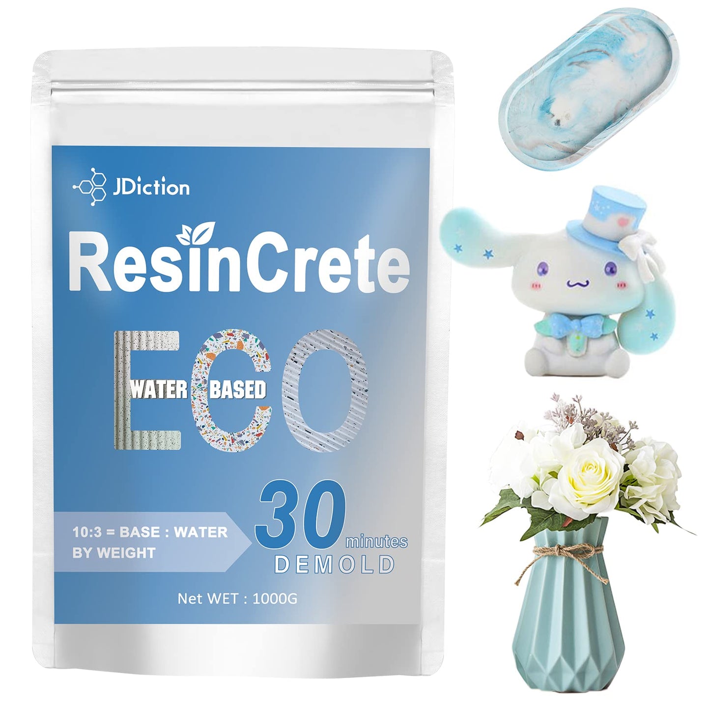 JDiction ResinCrete, 1000G Water-Based Eco-Friendly Formula, 20-30 Minutes Demold Fast Curing Eco Casting for Beginners, Natural Mineral Casting Powder, Easy Mix Non-Toxic for DIY Home Art