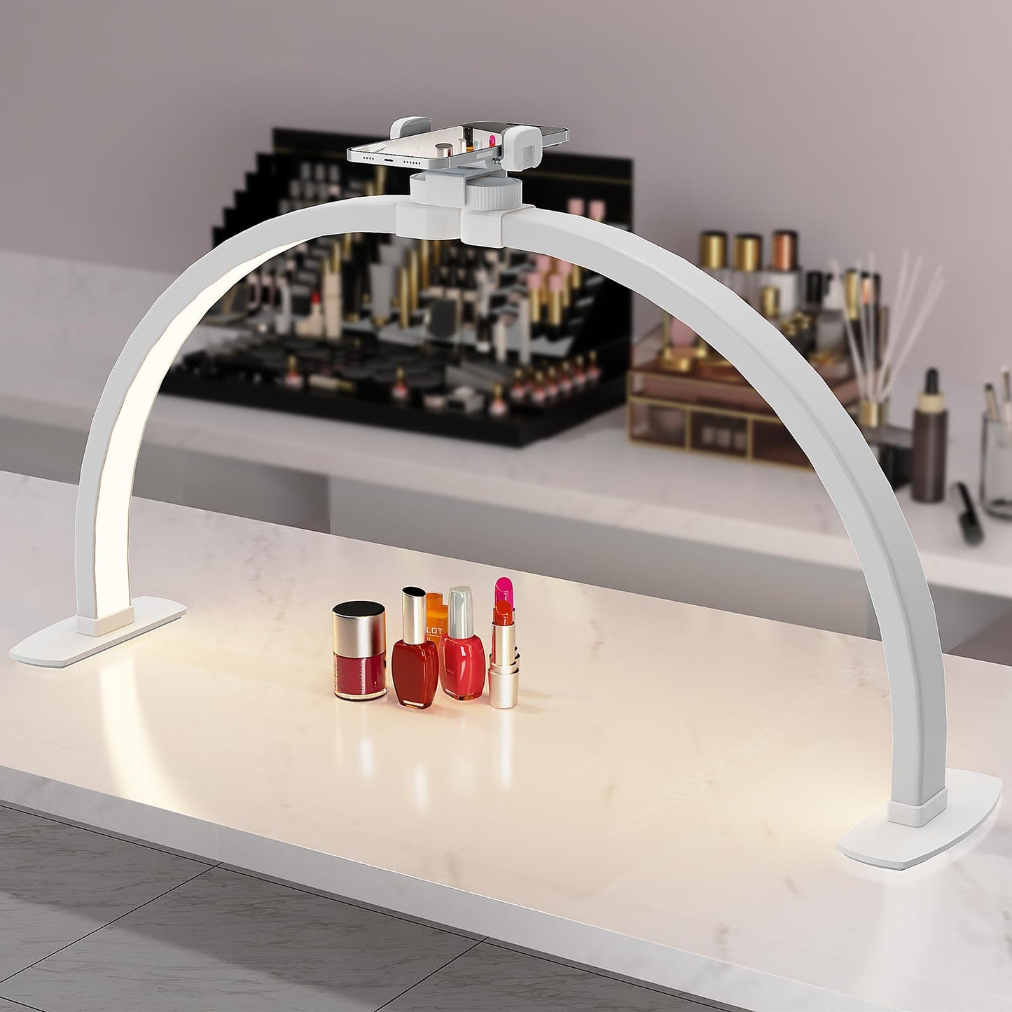 iVict Half Moon Light for Nail Desk, 29In 40W Nails Tech Light with Phone Stand, 10 Adjustable Brightness, 3 Color Temperature Led Desk lamp for Nail, Tattoos, Eyebrows, Beauty(White)
