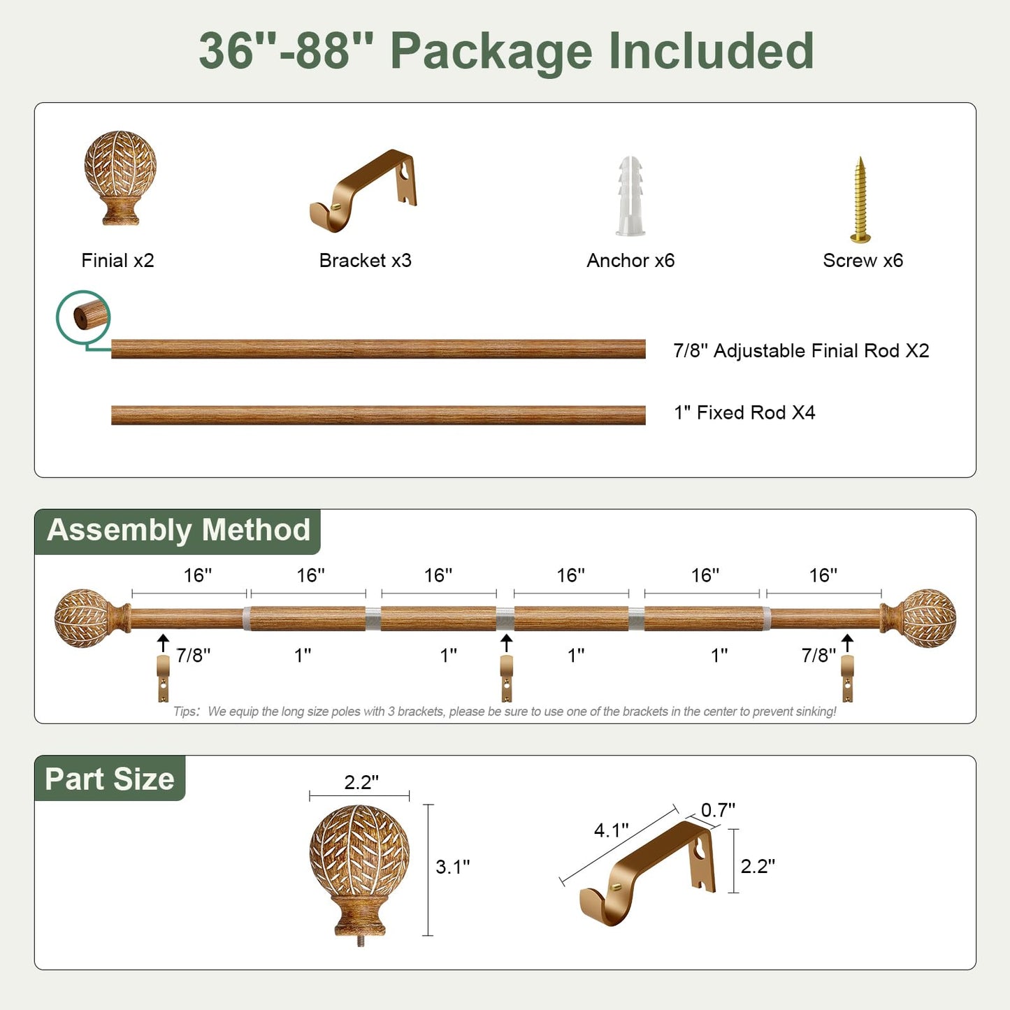 QDWIS Wood Curtain Rods for Windows 48 to 84 Inch,1'' Diameter Drapery Rods with Imitation Wood Grain Leaf Pattern Finials,Boho Adjustable Heavy Duty Curtain Rods Set,36-88''