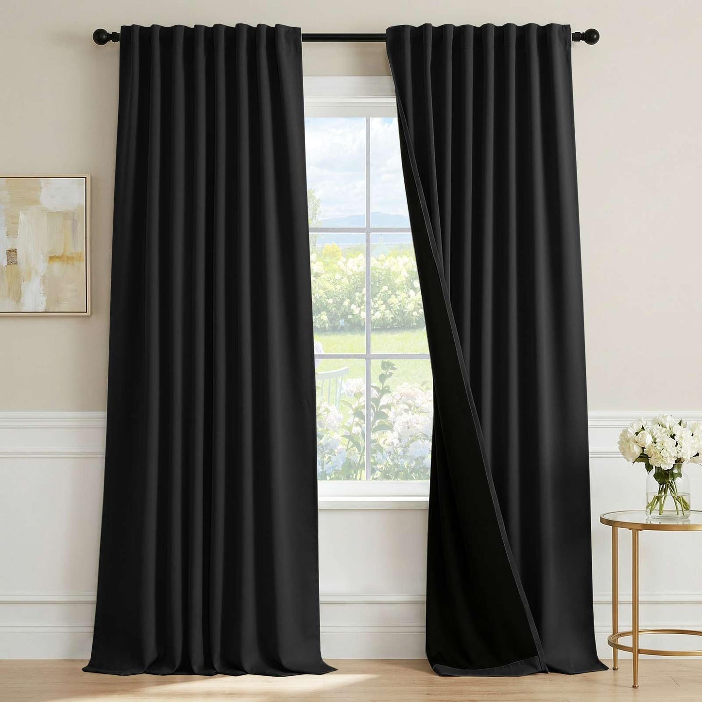 H.VERSAILTEX Blackout Curtains 96 Inch Length 2 Panels Set for Living Room Bedroom, Back Tab Pinch Pleated Thermal Insulated Room Darkening Light Blocking Curtains with Hooks, Black