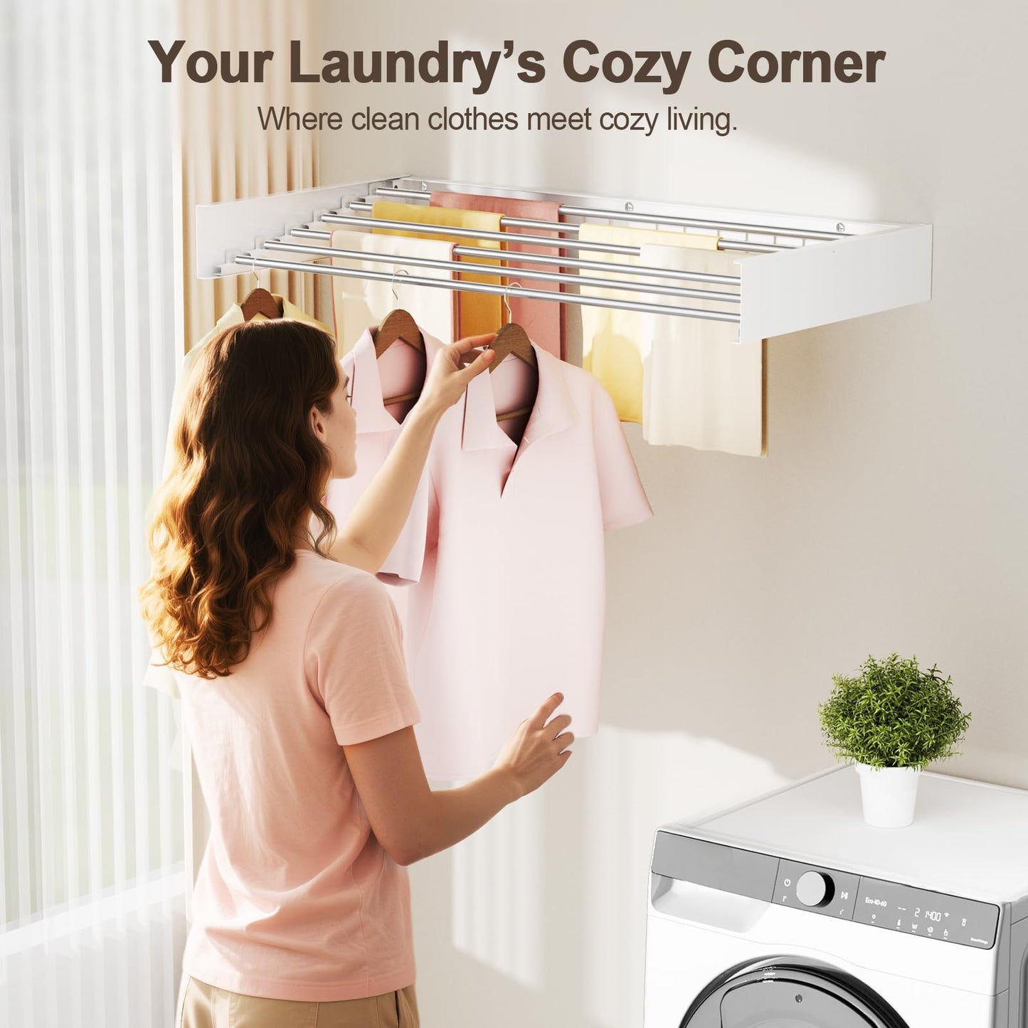 Vasunray Wall Mounted Clothes Drying Rack Folding Indoor, Foldable Laundry Drying Rack Collapsible,Invisible, Space Saving, Retractable Towel Drying Rack, with Wall Template(6 Drying Rods, White 40")