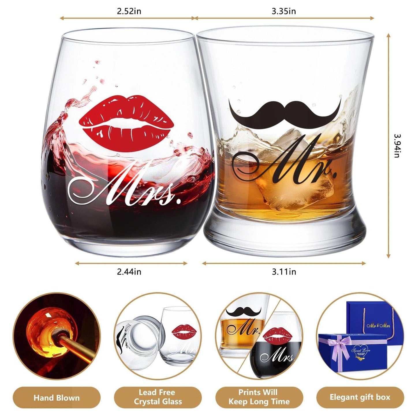 LIGHTEN LIFE Wedding Engagement Gifts for Couples,Bridal Shower Gift for Bride and Groom Newlyweds,Anniversary Mr and Mrs Whiskey Wine Glasses Set with Appron