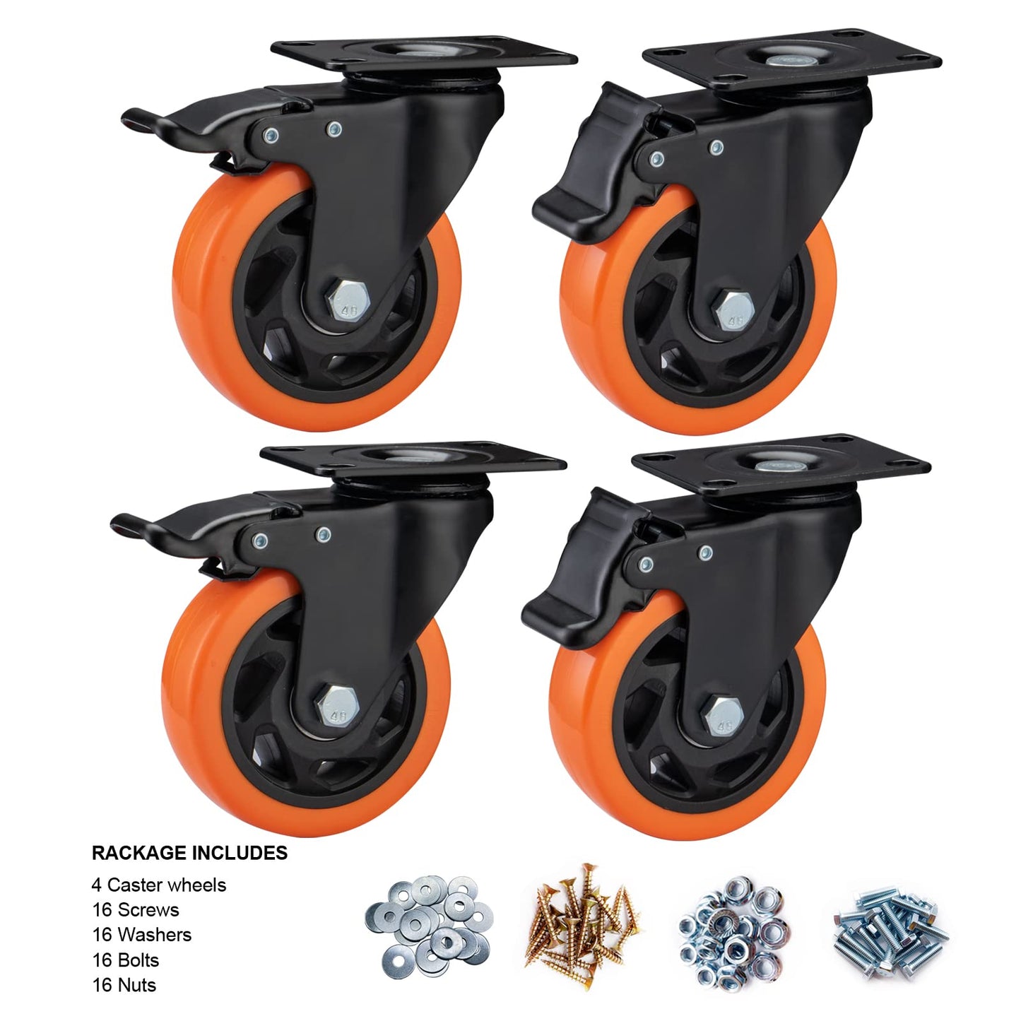 Casters, 4" Caster Wheels，Casters Set of 4 Heavy Duty - ASRINIEY Orange Polyurethane Castors, Top Plate Swivel Wheels, 4-Pack Industrial Casters with Brake, Locking Casters for Furniture and Workbench