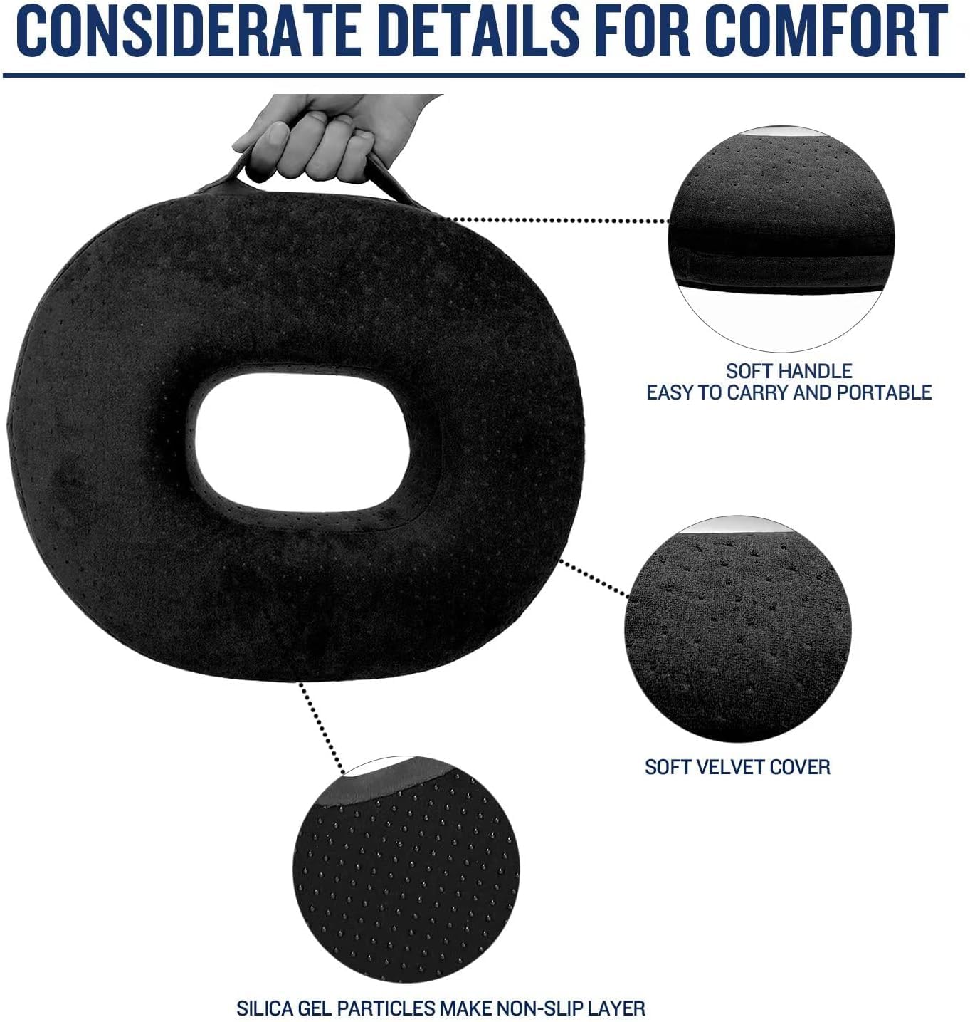 Donut Pillow Memory Foam Seat Cushion - Non-Slip Bottom,Portable Orthopedic Hemmoroid Pillow Cushion Support Pad for Tailbone Pain，Coccyx, Bed Sores, Post Natal, Sciatica (Black)