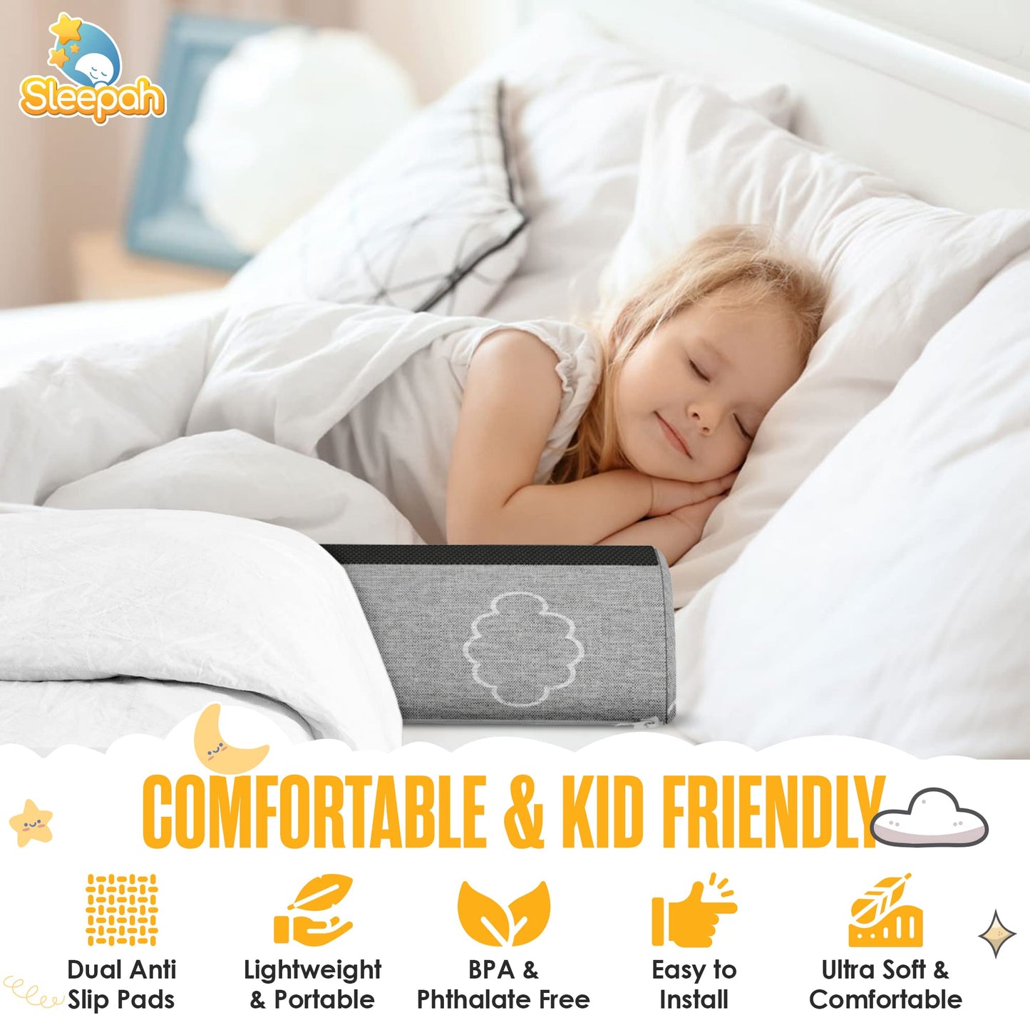 Sleepah Bed Rail for Toddlers (1 Pack) Memory Foam Bed Bumper Guard w Dual Non-Slip Pads (Top & Bottom) Bed Rail is Waterproof Washable Soft Removable Cover for Kids, Adults & Seniors (1)