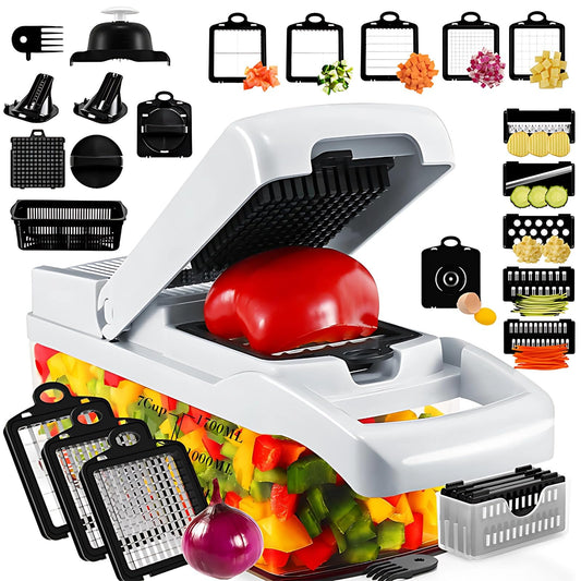 22-in-1 Safety-Locked Vegetable Chopper with 13 Stainless Blades - BPA-Free Vegetable Slicer & Onion Chopper – Meal Prep Veggie Chopper & Mandoline Slicer with Storage (White)