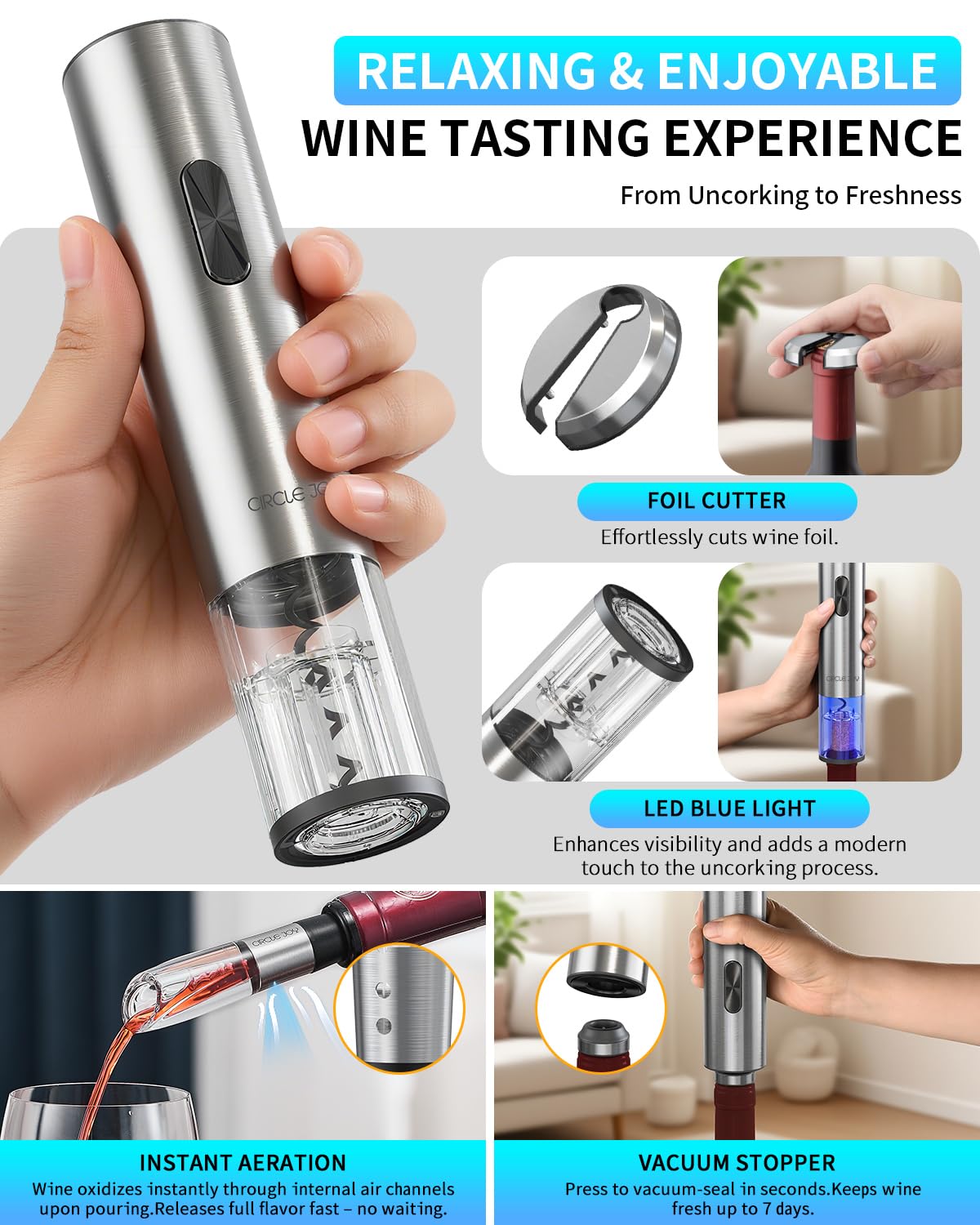 CIRCLE JOY Electric Wine Opener 7-in-1 Stainless Steel Rechargeable Electric Wine Bottle Opener Gift Set with Vacuum Pump, Foil Cutter, Wine Pourer, 2 Vacuum Stoppers & Charging Station