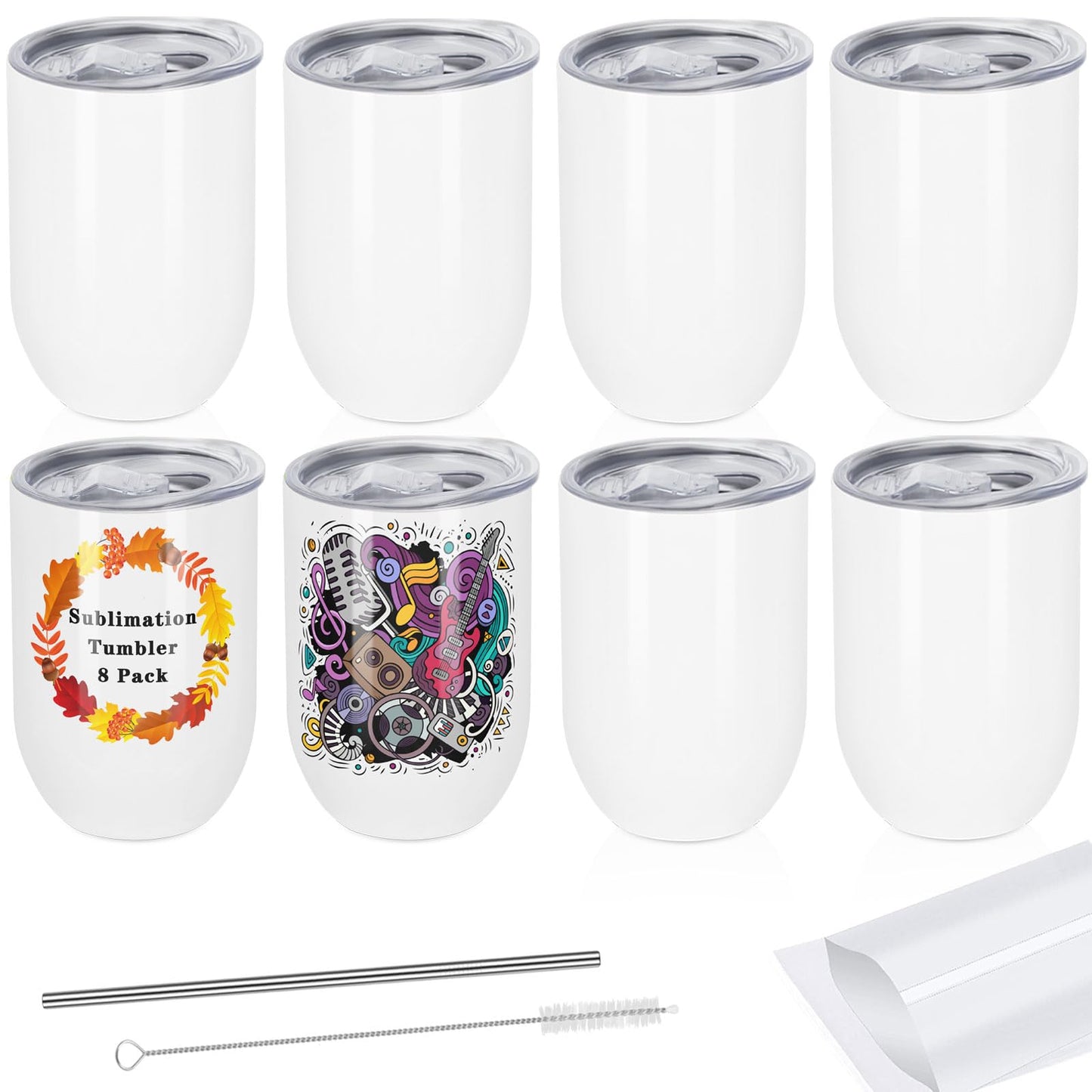 Draheri 12 Oz Stainless Steel Double Wall Insulated Wine Tumblers, Blanks in Bulk - Sublimation Cups and Mugs with Straw and Straw Brush, Individually Boxed (8 Pack)