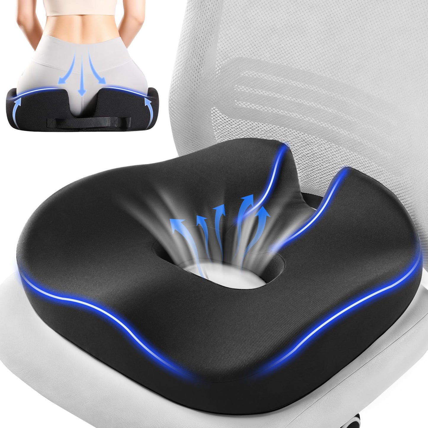 Donut Pillow Seat Cushion Memory Foam Office Chair Cushion for Long Sitting Back Wheelchair Cushion Chair Cushion for Car, Home, Pressure Relief Pad for Hip, Tailbone, Black