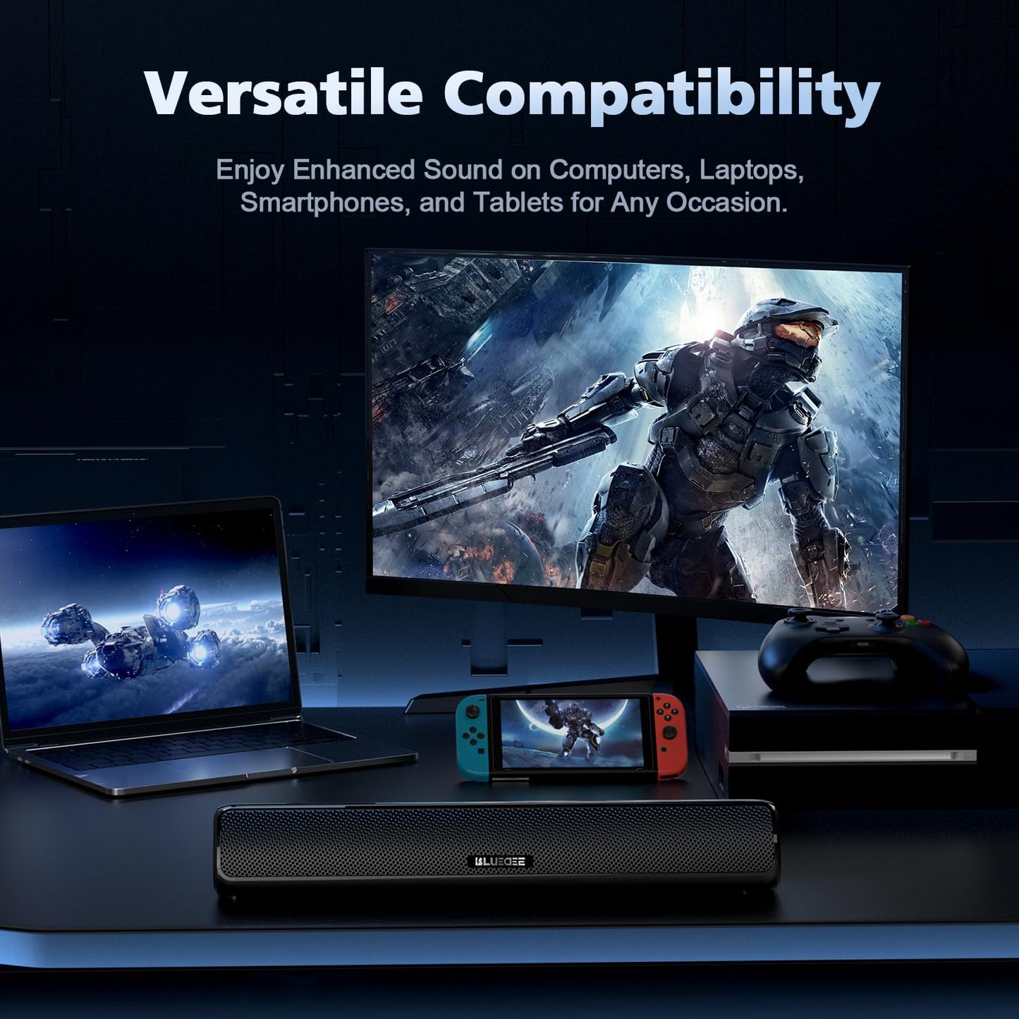 BLUEDEE Computer Speakers for Desktop, HiFi Stereo Poratble PC Speakers, Bluetooth 5.3 and 3.5mm Aux-in Computer Soundbar with Deep Impactful Bass, Gaming Speaker for PC, Laptop, Tablet