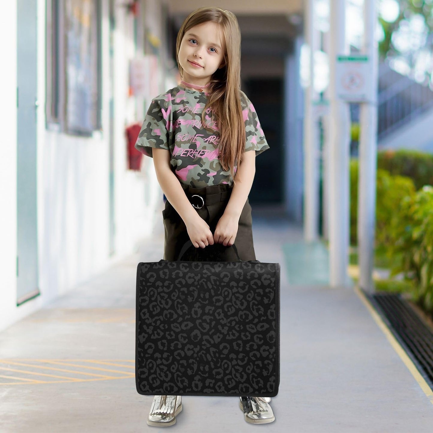 Leopard Black Zipper Binder Bag 3 Ring Large File Folder Organizer Portfolio Binder Bag with Shoulder Strap Fits Laptop 500 Sheets for Adult Outdoor Work Office Supplies