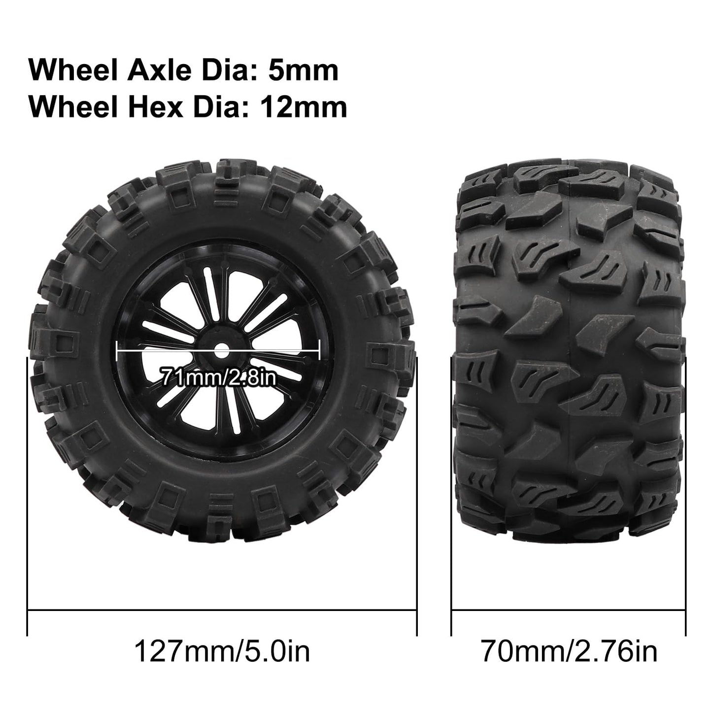 Acekeeps RC MT Tires Mounted 12mm Hex Wheels OD 125mm for 1/10 Traxxas Stampede Hoss HPI Volcano HSP RC Car, 4-Pack Black
