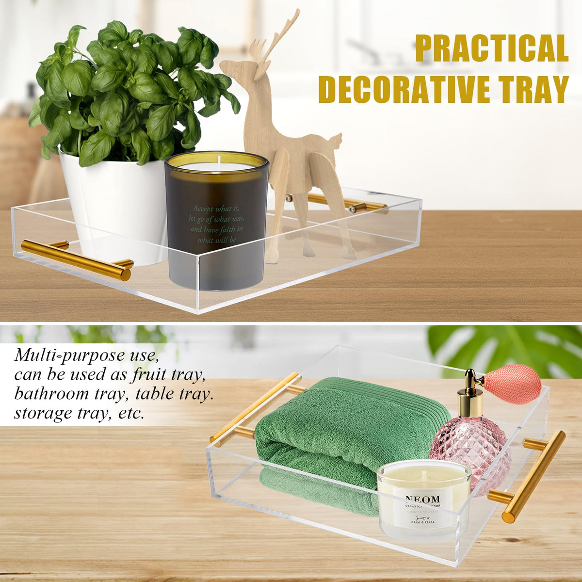 Vevitts 3 Pack Clear Sturdy Acrylic Serving Tray with Handles Decorative Trays Countertop Organizer for Coffee Table Nightstand, Sidetable, Breakfast, Tea, Food(15.4*11.6*2 13.8*10.8*2 10*10*2 inch)