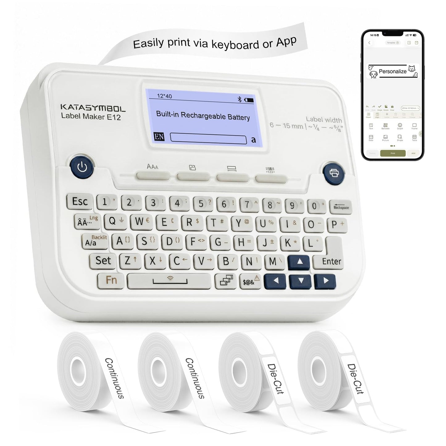 SUPVAN E12 Bluetooth Label Maker Machine with 4 Tapes, Support Keyboard & App with 30+ Fonts and 660+ Icons, Rechargeable Inkless Labeler for Office, Home, Kitchen, School, Organization, White