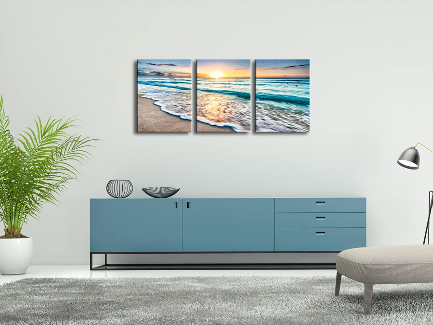 Pyradecor 3 Panels Blue Beach Sunrise White Wave Pictures Painting on Canvas Wall Art Modern Stretched and Framed Seascape Giclee Canvas Prints Seaview Landscape Artwork for Home Office Decorations