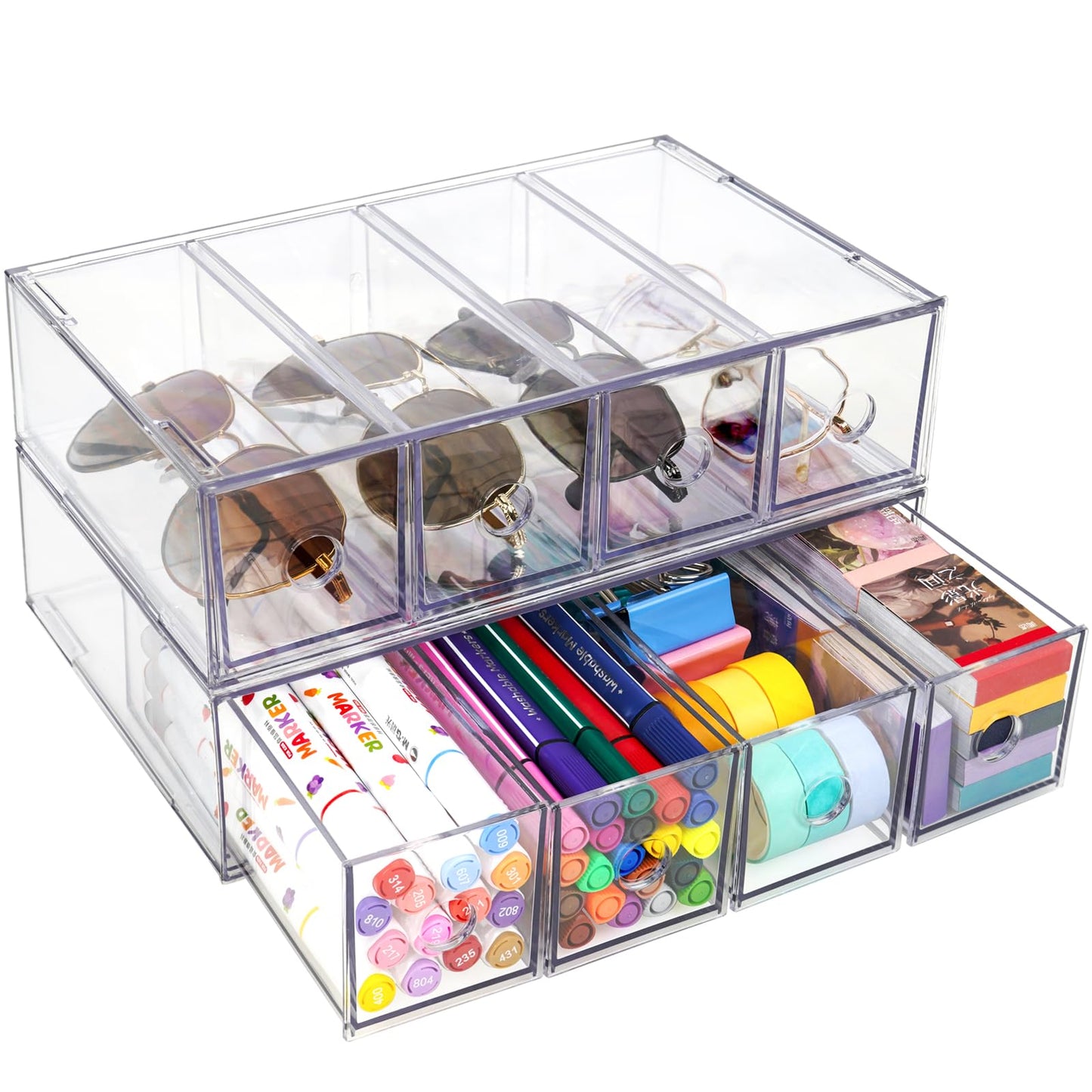 Desk Organizer with 8 Drawers, FODIENS 2 Packs Stackable Desktop Storage Box with Removable Drawer, Clear Sunglasses Organizer Display Case for Stationery Marker Pens Eyeglasses Office Supply