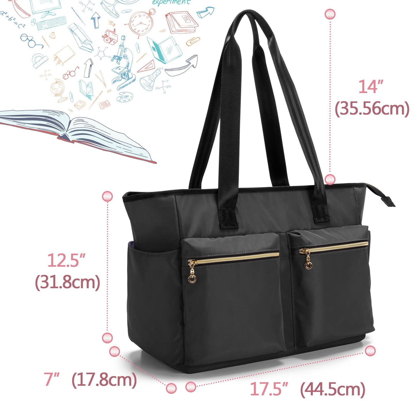 Damero Teacher Bag, Teacher Utility Tote Bag with Zip Top and Padded Sleeve for up to 15.6’’ Laptop for School, Office, Business, Black