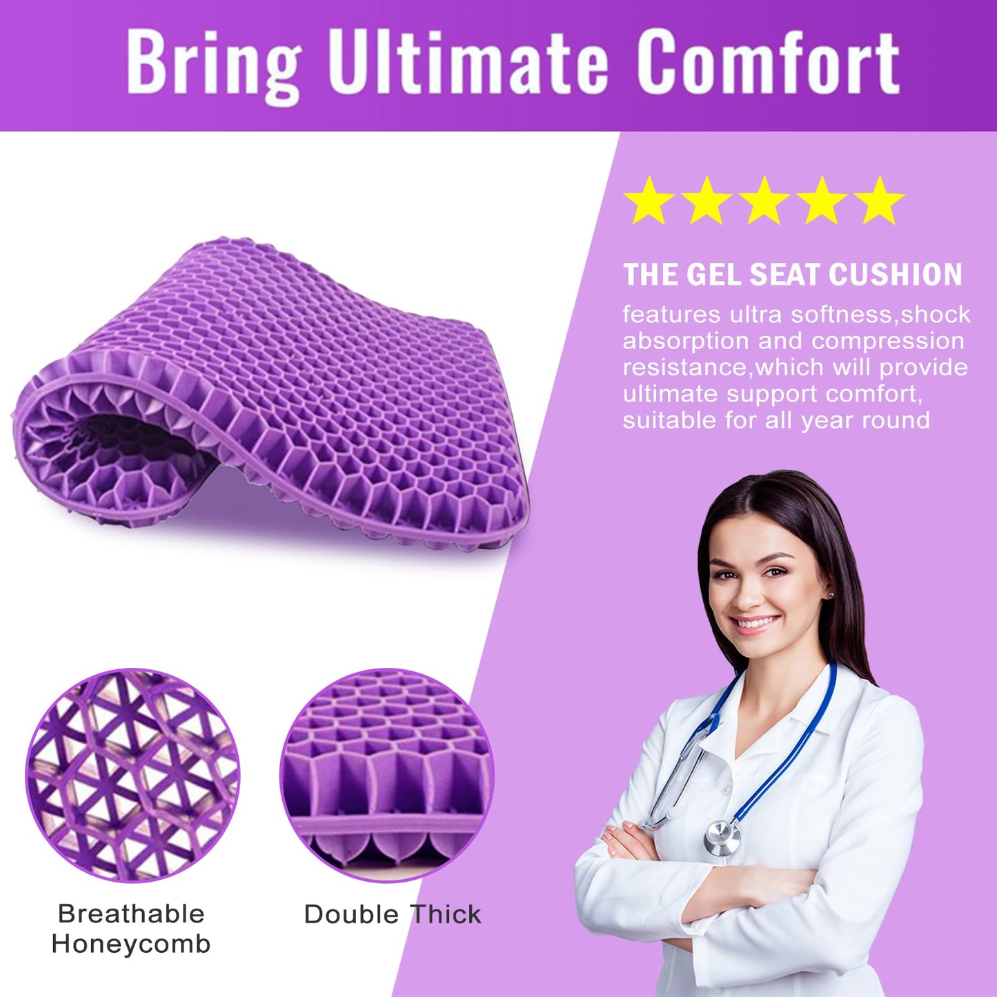 Gel Seat Cushions for Long Sitting,Double Thick Cooling Seat Pads for Buttocks Support Pressure Cushion with Non-Slip Cover, Chair Pads for Car Seat Driver, Office Desk,Wheelchair