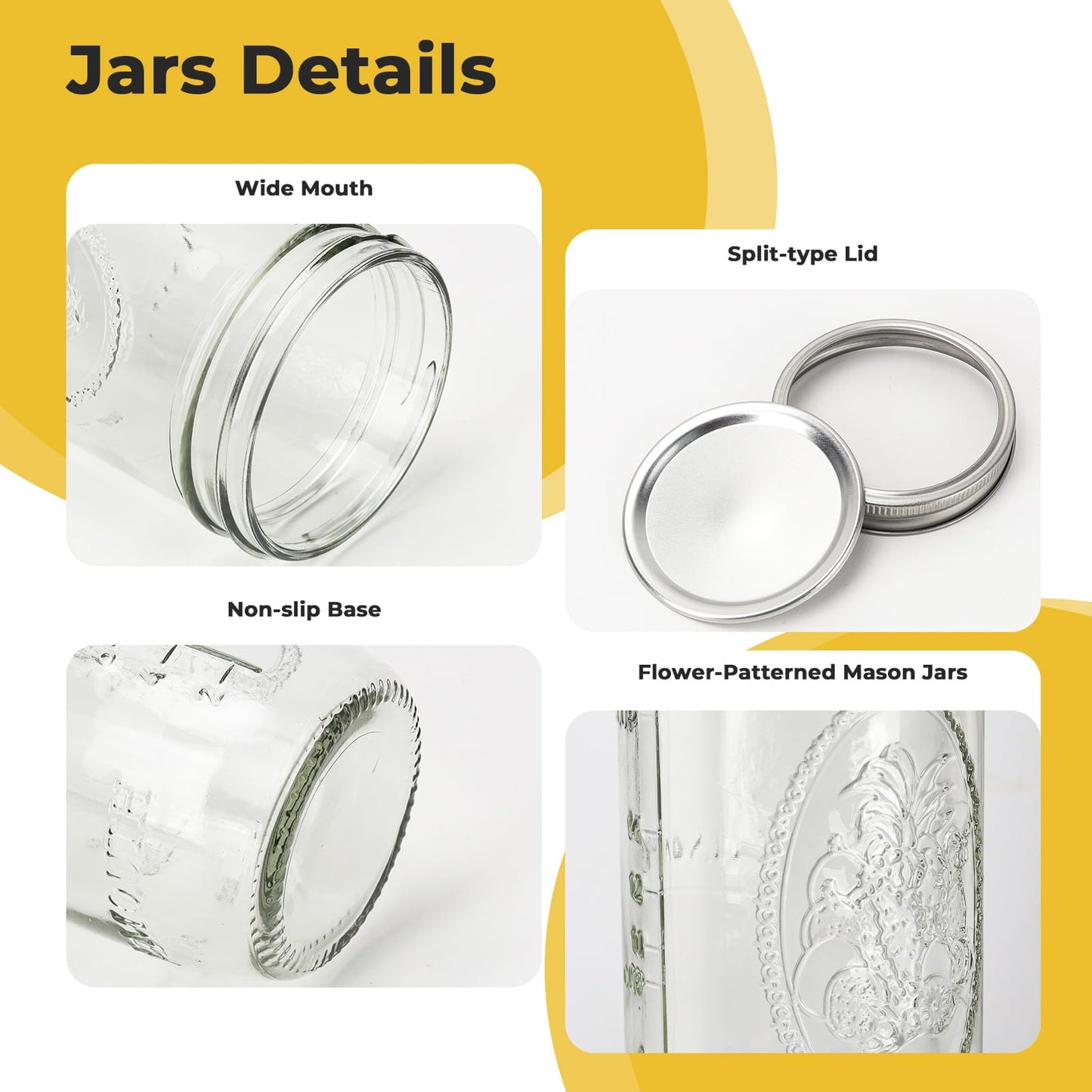 Wide Mouth 24 oz Mason Jars with Lids and Bands, 6 Pack Glass Canning Jars for Pickling,Jam Preserving,Food Storage