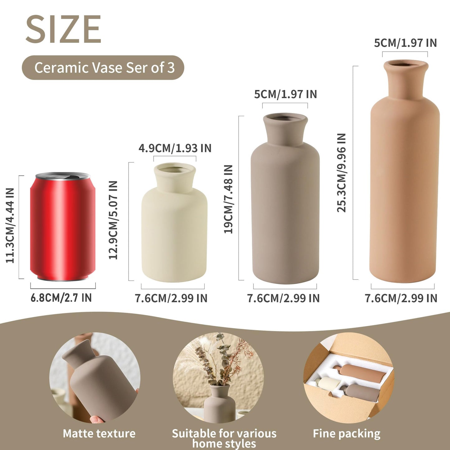 Vase Set of 3, Ceramic Vases Neutral Modern Vases Home Decor Rustic Farmhouse Decor Flowers Pampas Vase for Table Mantel Entryway Shelf Living Room Kitchen Bathroom - Brown