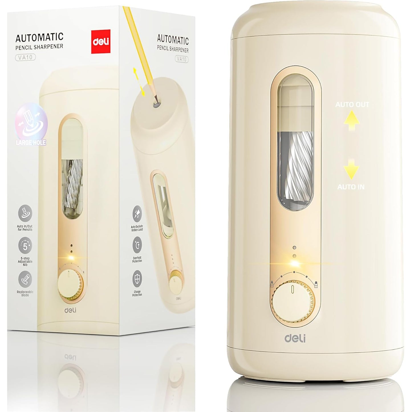 Deli Electric Pencil Sharpener, Fully Automatic Pencil Sharpener, Auto in & Out, Rechargeable Hands-Free Pencil Sharpener for 6.9-12mm, Home, Classroom, Battery Operated, Beige