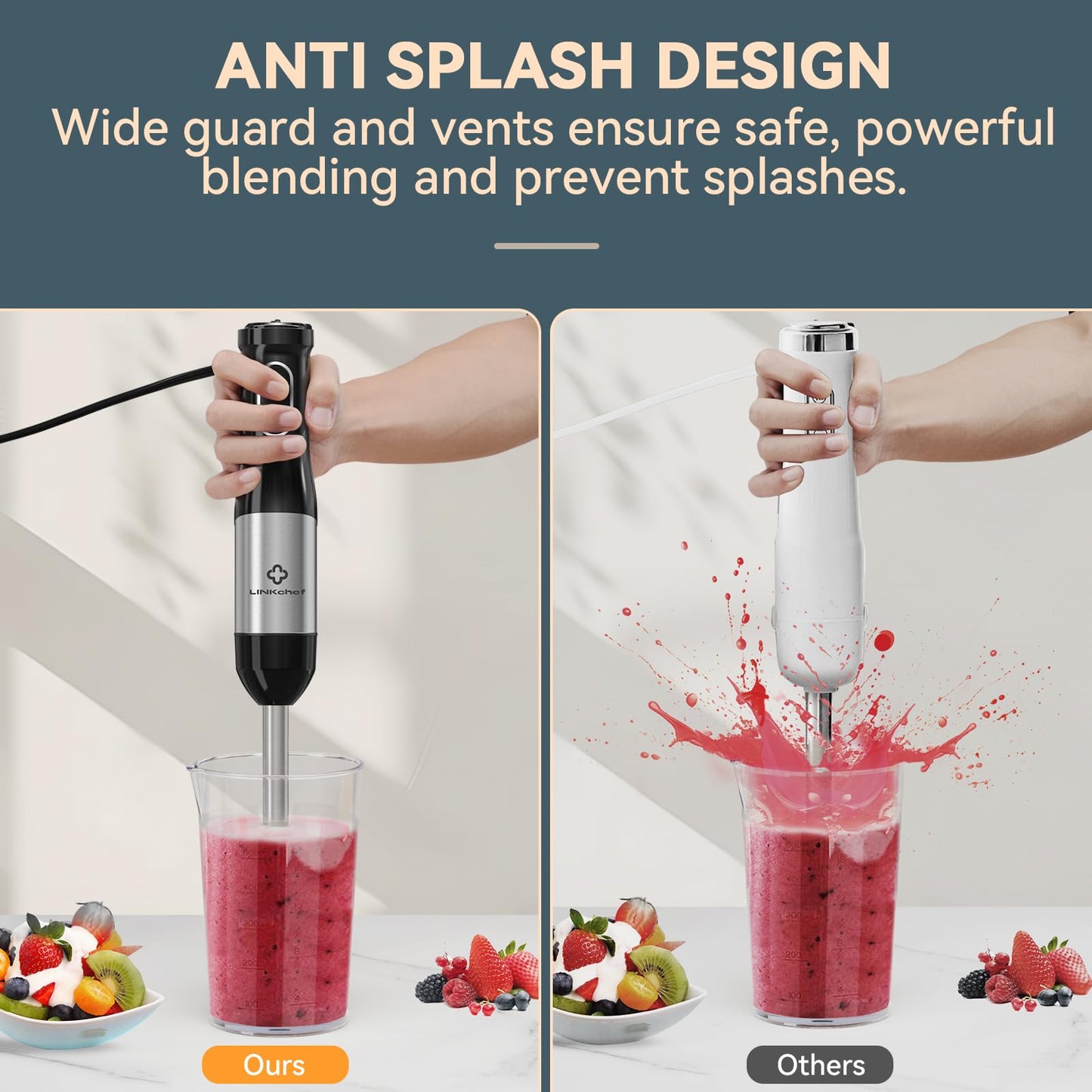 LINKChef 7 in 1 Immersion Blender Handheld, 800W Hand Blender with 2 Titanium Steel Blades, 20 Speed and Turbo Mode, Scratch Resistant Stick Blender with Whisk, Milk Frother, Food Processor, Beaker