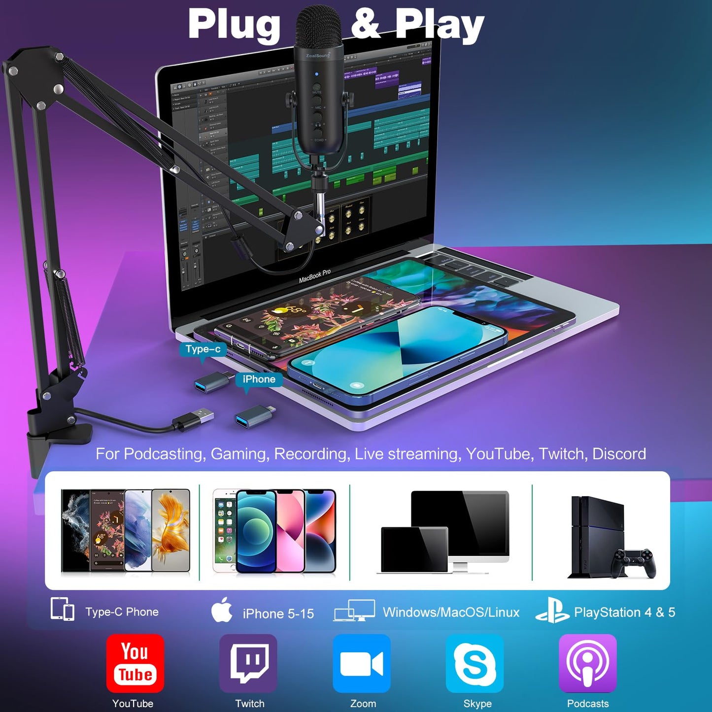 USB Gaming Microphone,ZealSound Noise Cancellation Mic Kit for Phone PC Computer Tablet with Boom Arm Stand,Podcast Condenser Mic set,Mute Button,Echo&Volume Gain Knob,Monitor,Streaming Recording ASMR