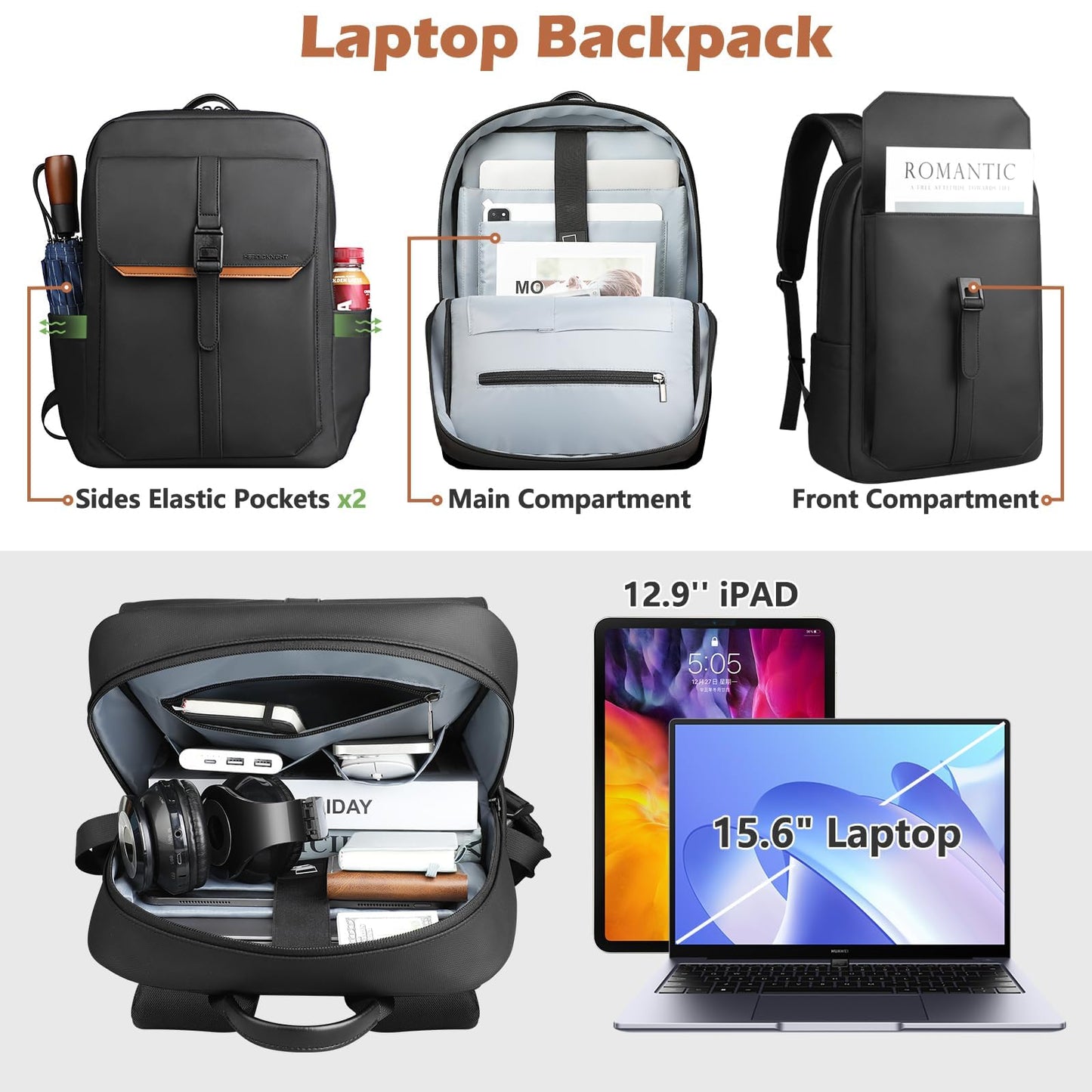 hk Slim Backpack for Men Women, 15.6 Inch Business Laptop Backpacks, Water-resistant Anti-theft Lightweight Computer Bag for Office Work Travel College Daily Elegant Casual - Black