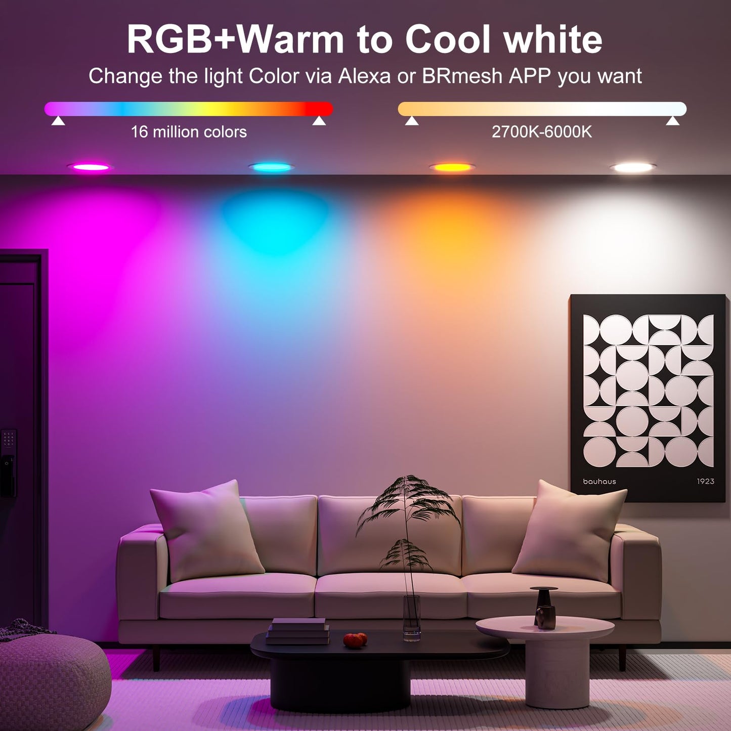 Smart Recessed Pot Lights LED 4 Inch, Bluetooth RGBCW Color Changing Recessed Lighting, Compatible with Alexa, 2700k-6000k Dimmable 1080LM Canless Downlight with Junction Box for Bedroom,Party,6 Pack