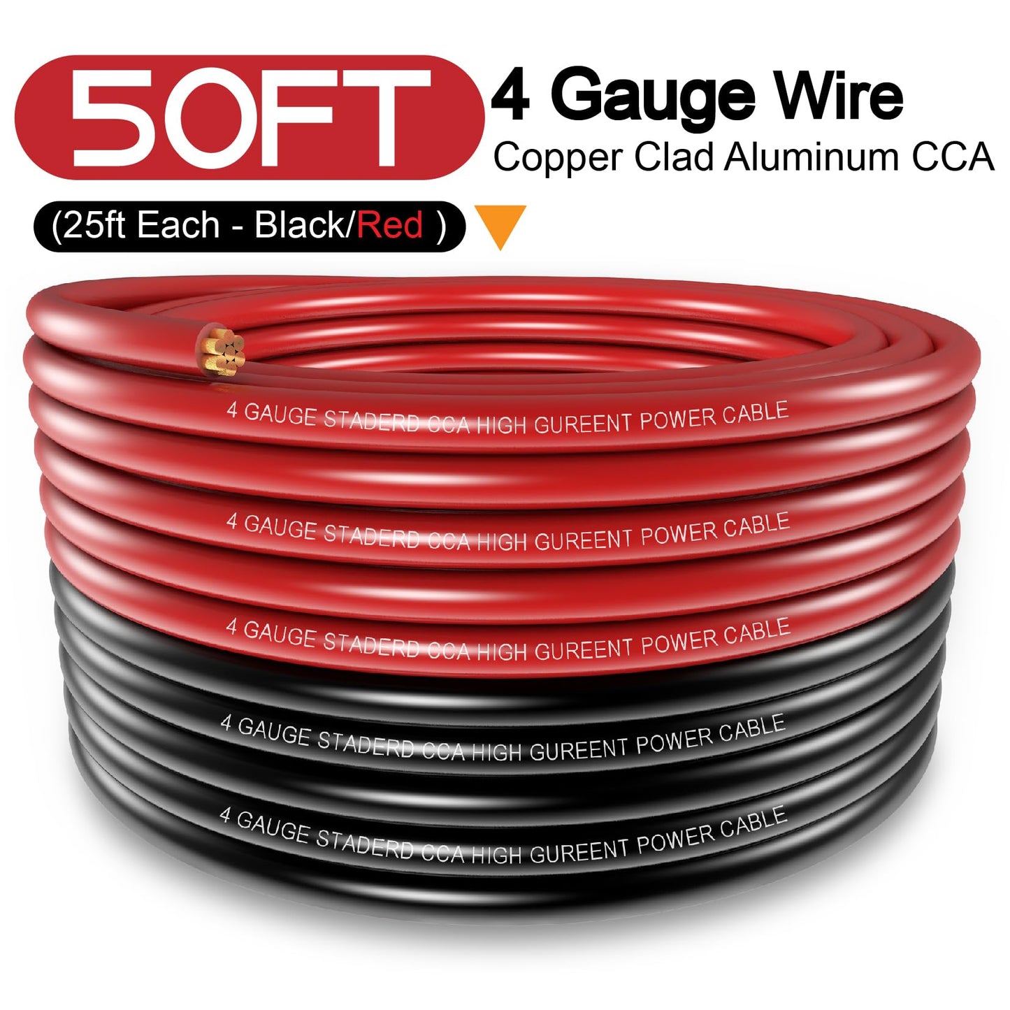 4 Gauge Wire (25ft Each- Black/Red) Copper Clad Aluminum CCA,20pcs Lugs Terminal Connectors with 3:1 Heat Shrink Tube for Power/Auto,Amplifier,Ground Cable