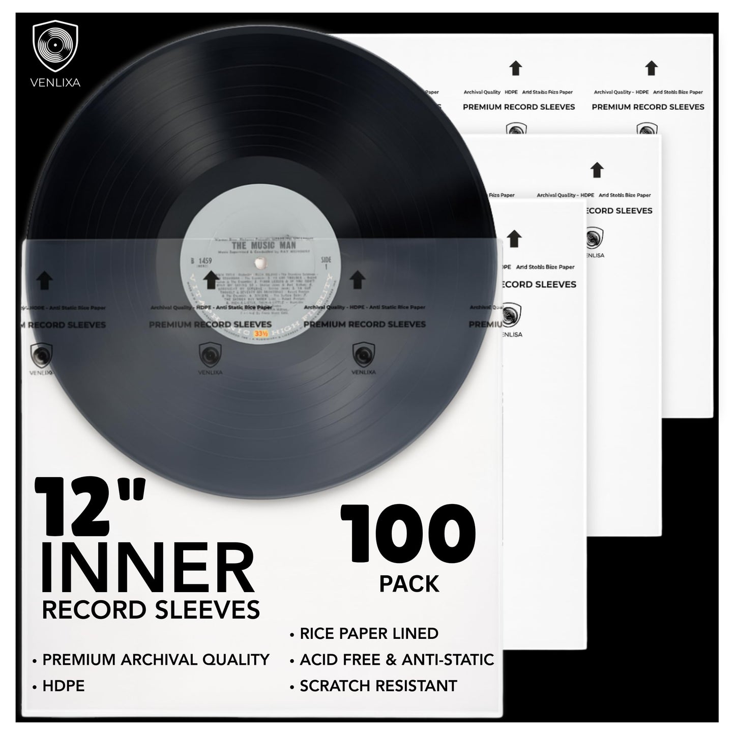 Venlixa 12″ Premium Vinyl Record Inner Sleeves (100 Pack), Anti-Static HDPE Rice Paper LP Covers, Durable Clear Acid-Free Album & Sleeves Protect Records from Moisture, Dust and Scratches