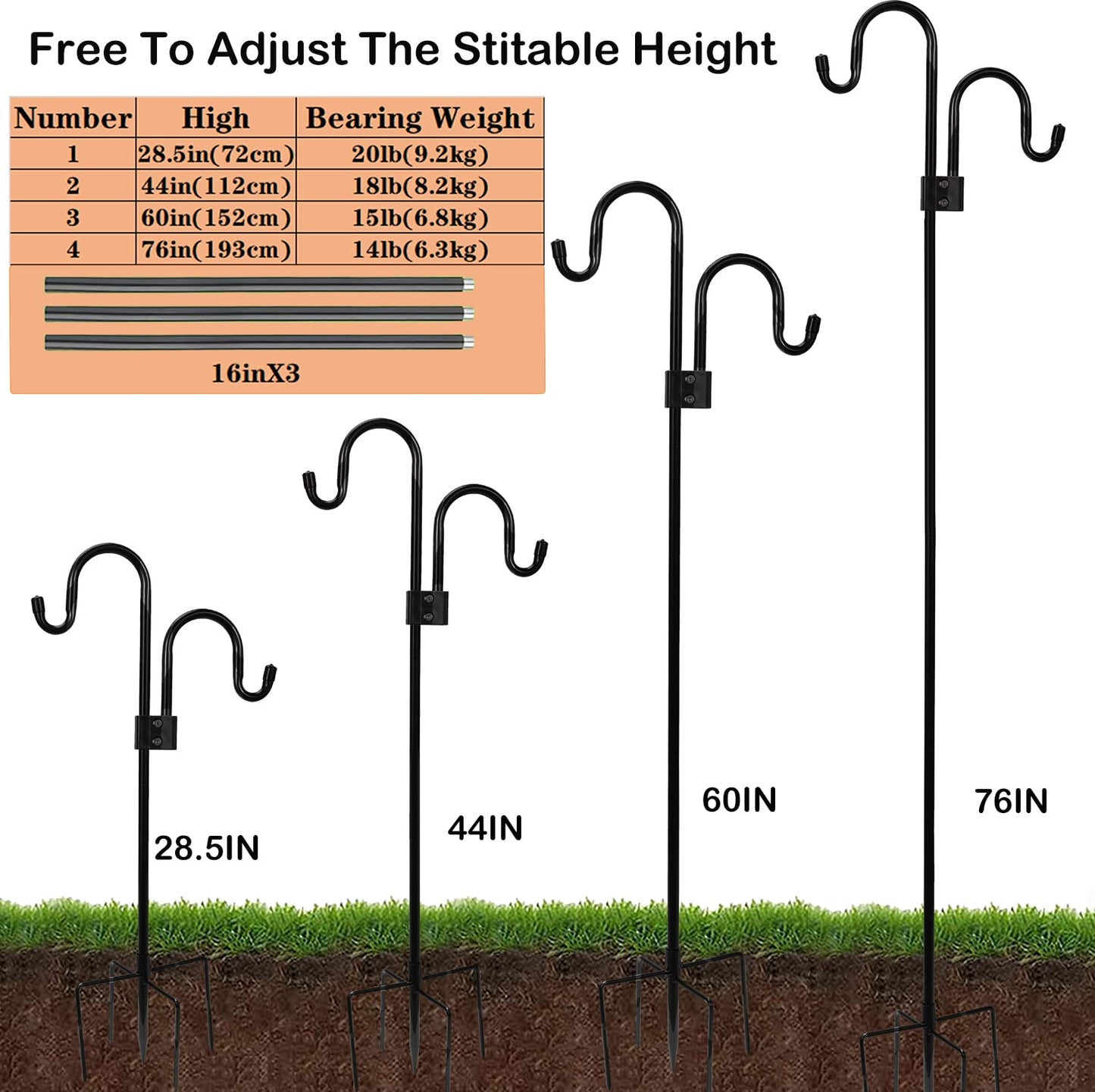 76 inch Double Shepherds Hook with 5 Prongs, Heavy-Duty Metal Bird Feeder Pole Stand, 28.5 to 76 inch Adjustable Garden Holder for Hanging Plant, Wind Chimes, Wedding Garden Outdoor Deco ect