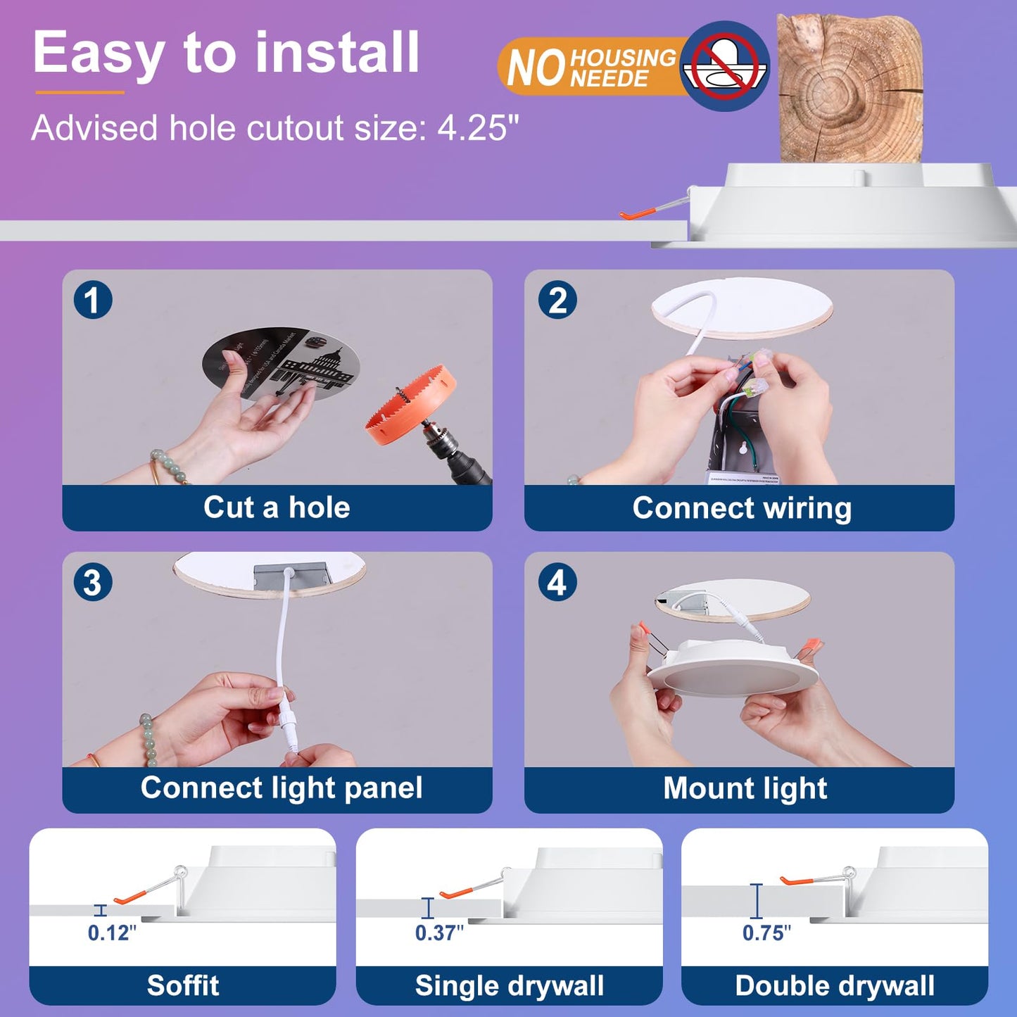 4 Inch LED Recessed Lighting 12W Smart Pot Lights with Junction Box, RGBCW Dimmable by Bluetooth Control, 1000 Lumen High Brightness Recessed Downlight Ceiling Light Compatible with Alexa - 6Pack