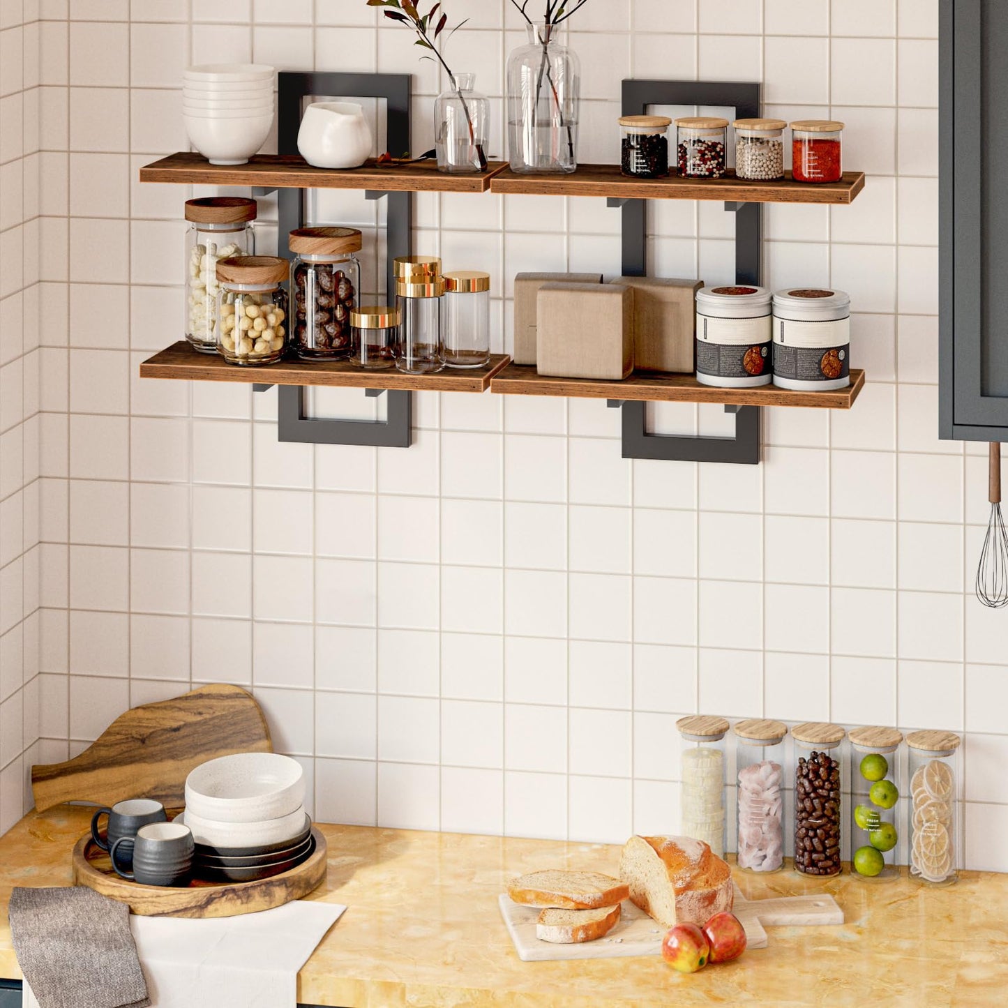HOOBRO Floating Shelves, 38 cm Wall Shelf Set of 2, Wall Mounted Storage Shelves 2-Tier, Hanging Bathroom Shelves, for Living Room, Bedroom, Bathroom, Kitchen, Rustic Brown and Black BF32BJ01