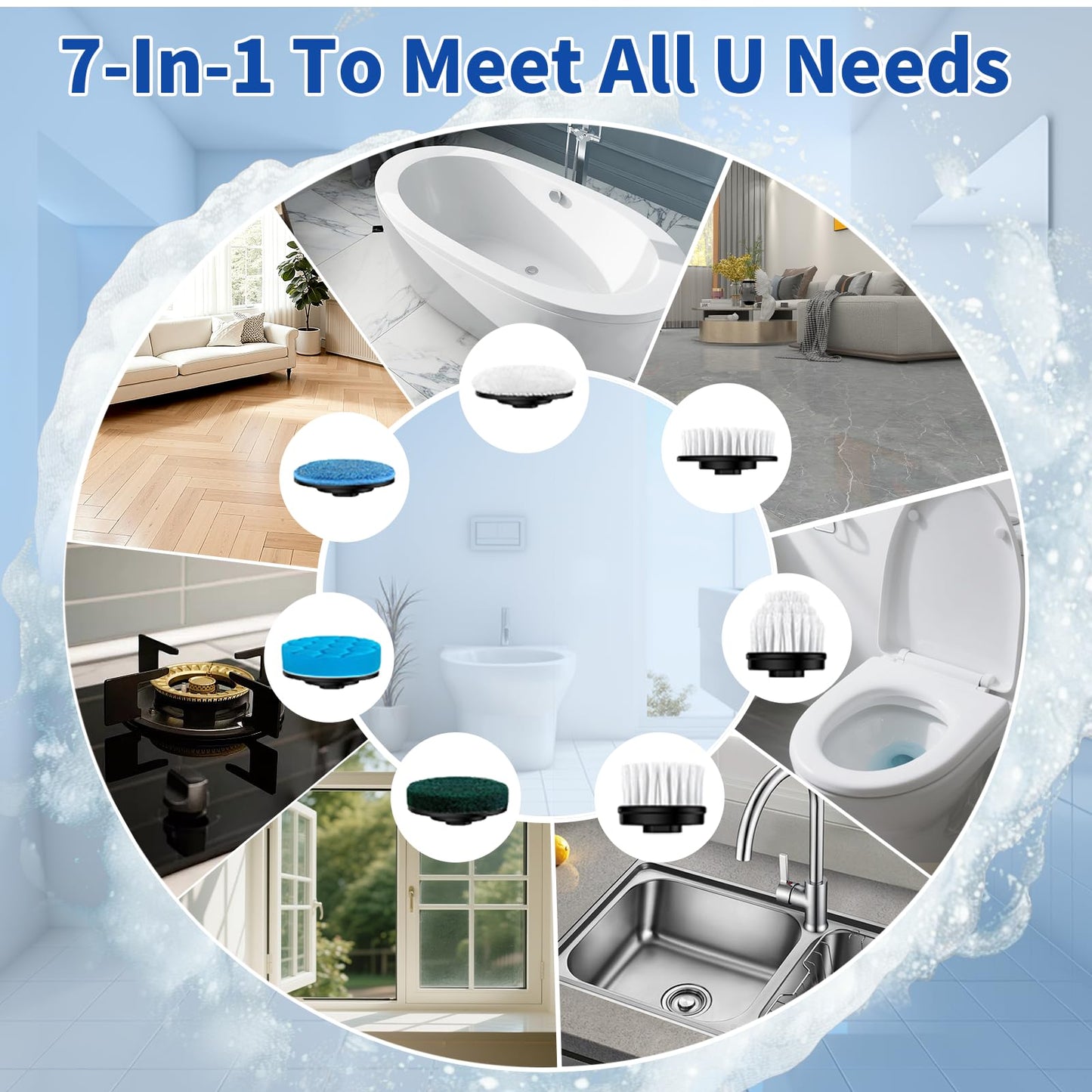 Electric Spin Scrubber, Cordless Cleaning Brush, Shower Scrubber with 7 Replaceable Brush, 2 Speeds and Adjustable Extension Handle for Bathroom Shower Bathtub Glass Car(White)