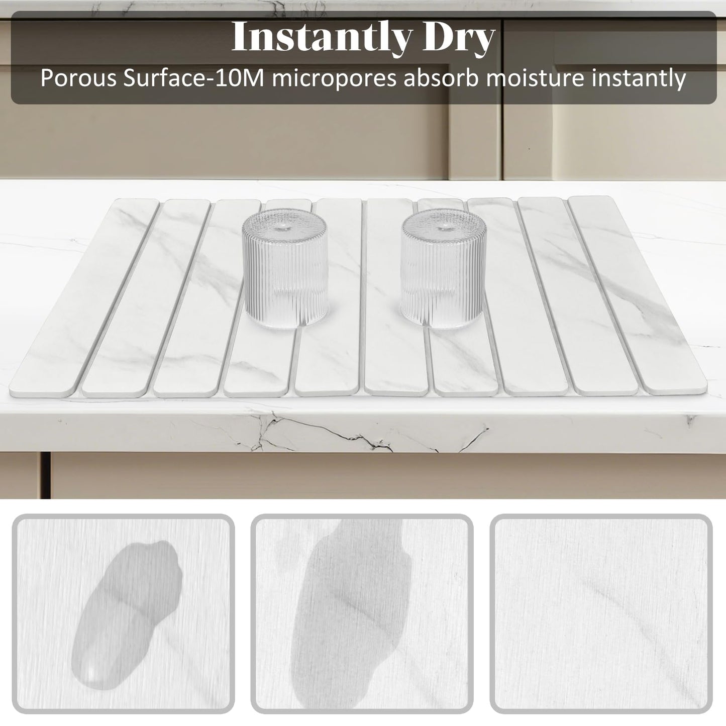 2 PCS Large Stone Dish Drying Mats for Kitchen Counter, 61"(L)×41"(W) Marble Pattern Mat with 20"x 10" Coasters, Collapsible Quick-Dry Diatomite Drying Mat for Dishes, Bottles & Cups