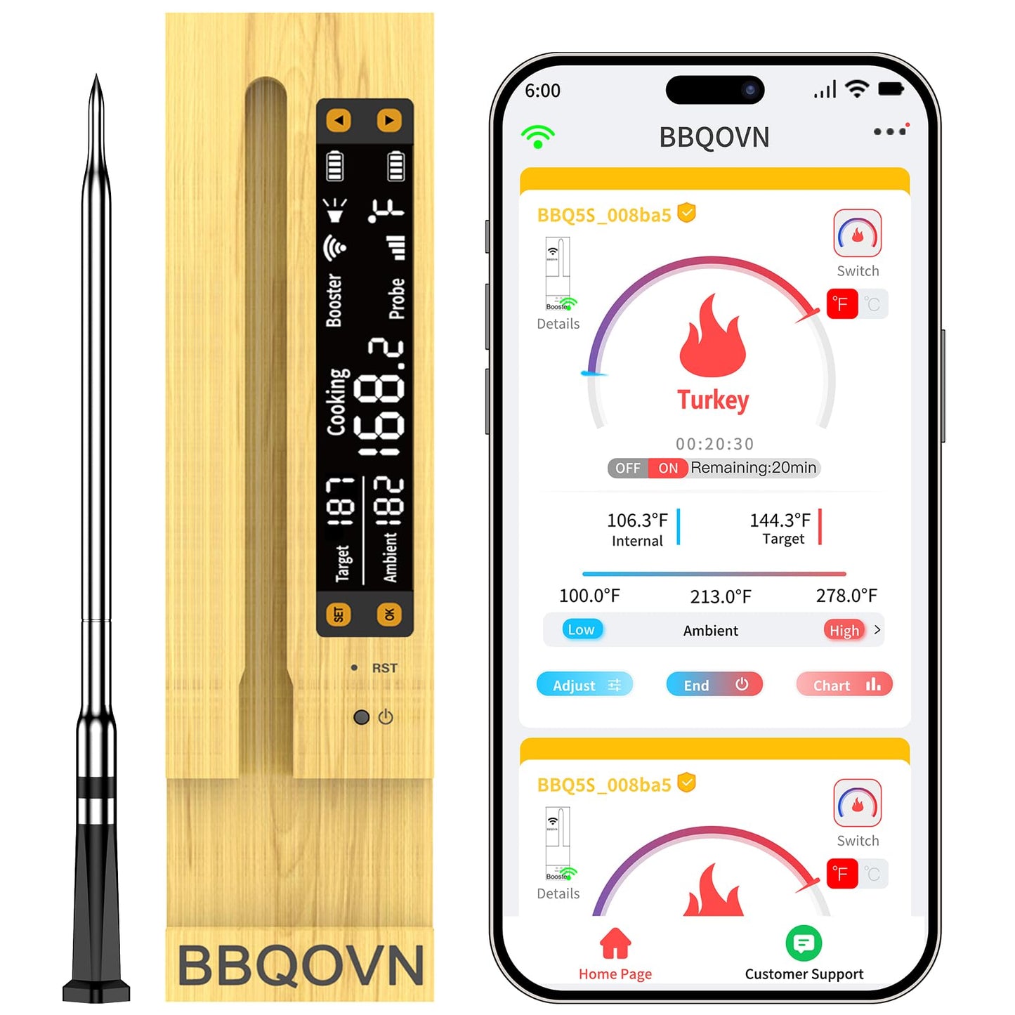 BBQOVN WiFi Sub-1g Wireless Meat Thermometer Unlimited Range with Digital Smart Base 7 NIST Certified Sensors with Ambient Temp Monitor for BBQ, Grill,Oven, Smoker(1, Black, Small)