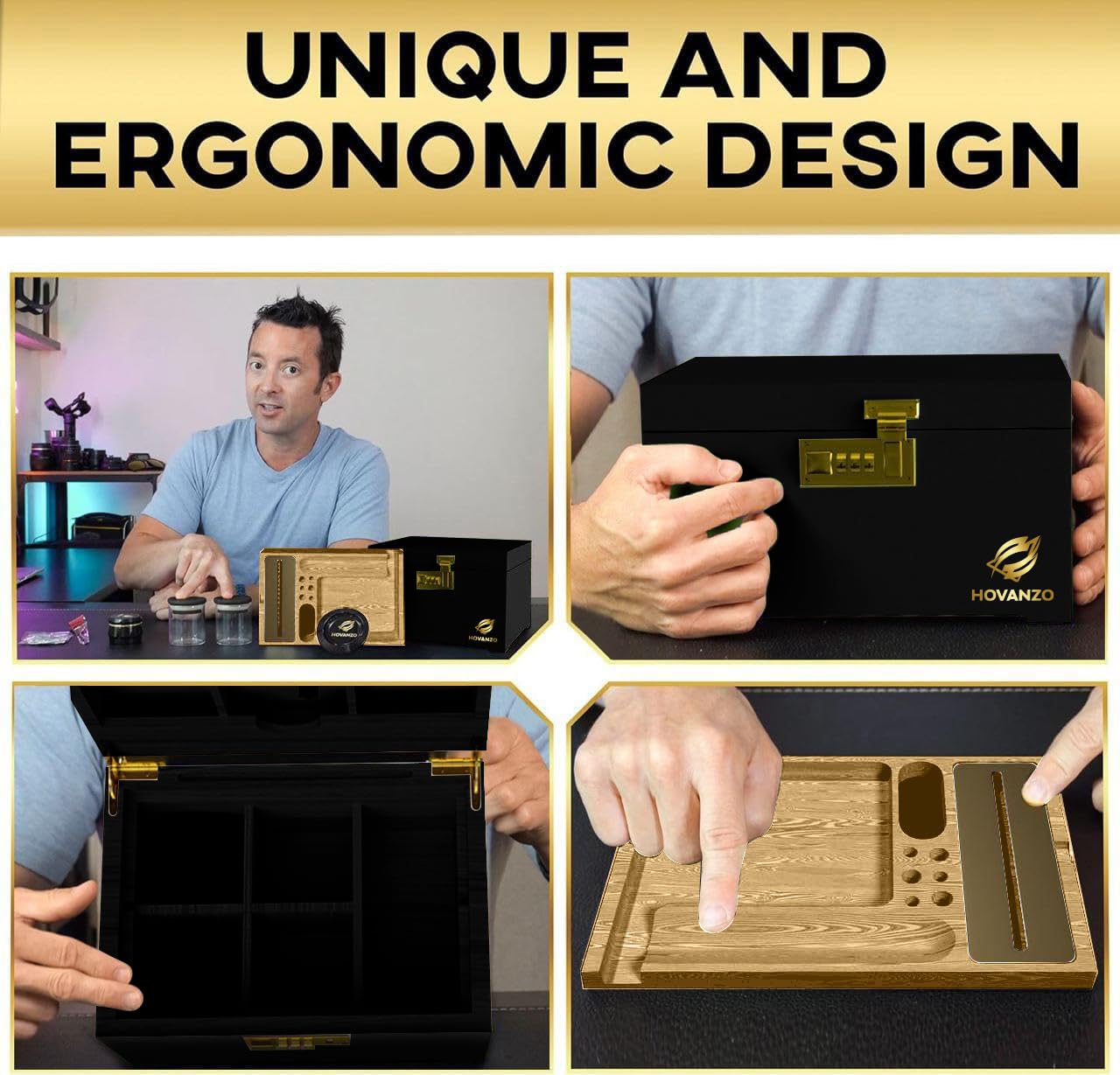 Premium Large Bamboo Storage Box with Rolling Tray - Decorative Box Set with Combination Lock - Large Wooden Container – Wood Box for Herbs and Accessories - Box Kit with Glass Jars