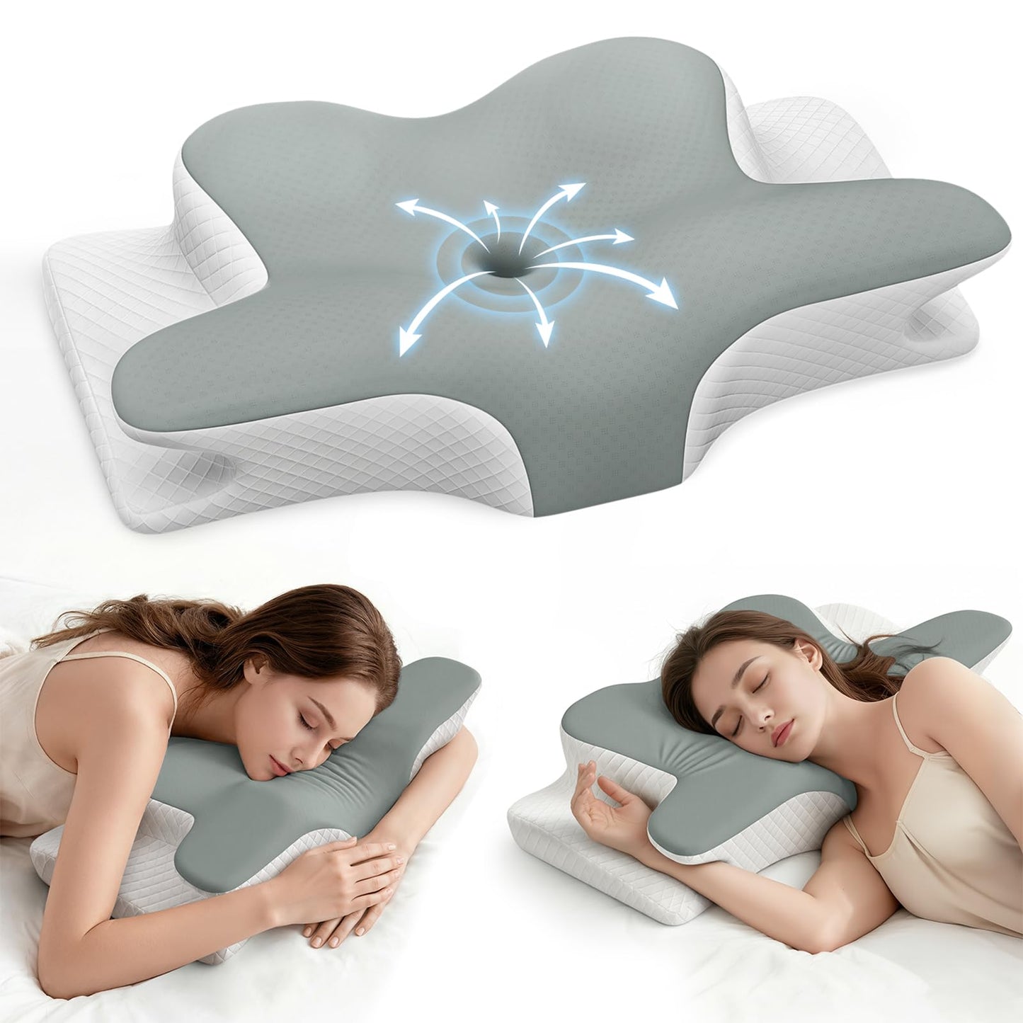BUWAN Cervical Neck Pillow, Ergonomic Contour Memory Foam Pillow with Cooling Breathable Case, Neck and Shoulder Support for Side Back Stomach Sleepers, Washable Cover, Compact, Grey